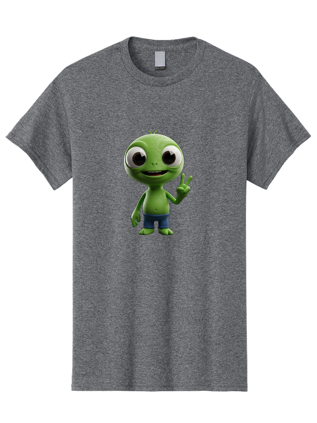 Alien-Cartoon-Character Men'S Graphic Tee, 100% Cotton, Comfortable Casual Summer Wear, Machine Washable, Alien Cartoon, Green Creature, Large Eyes, Peace Sign, Blue Shorts, Cute Character, Cartoon Style, Funny Alien, Cartoon Character Design, Bab622 14