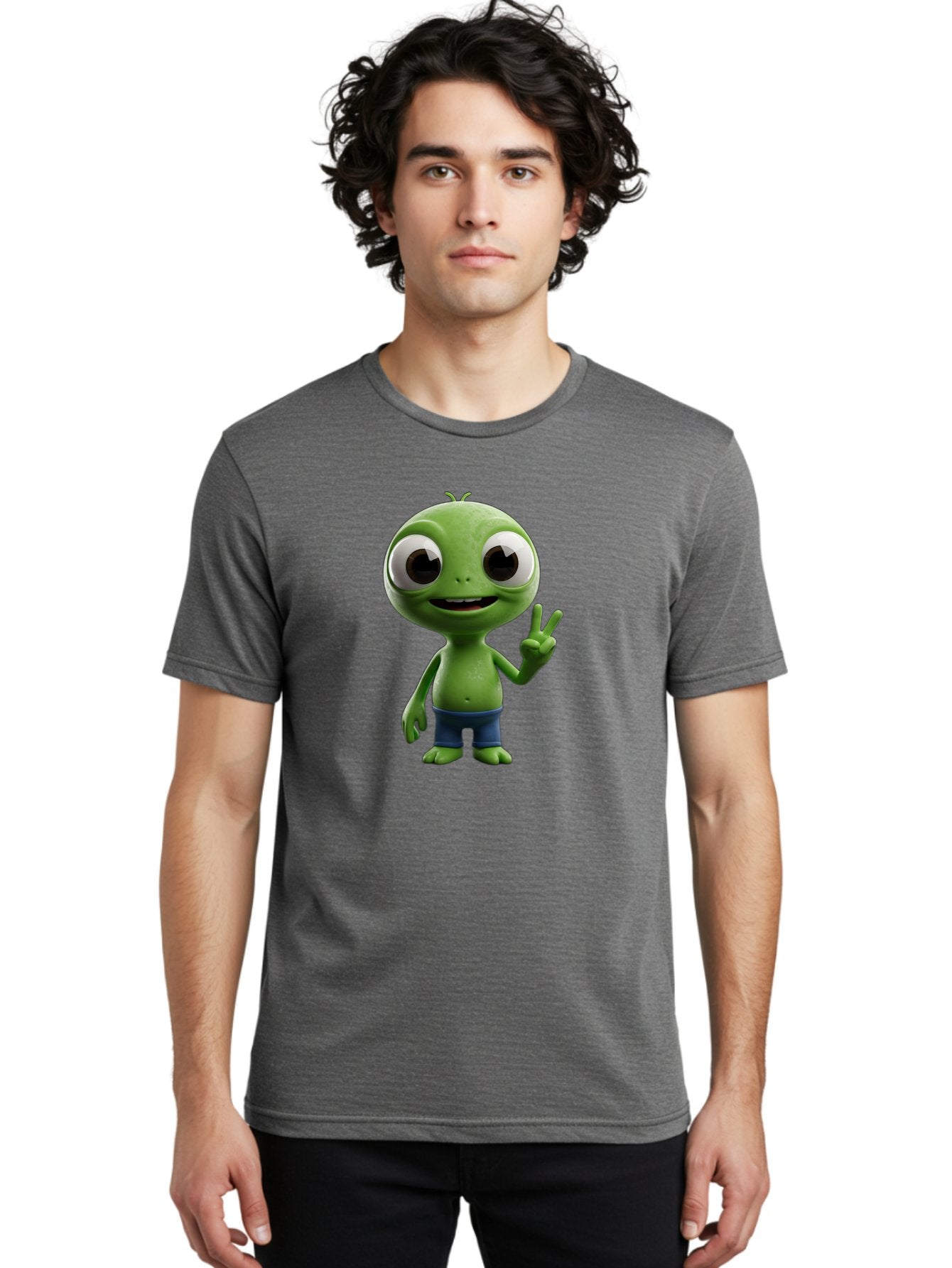 Alien-Cartoon-Character Men'S Graphic Tee, 100% Cotton, Comfortable Casual Summer Wear, Machine Washable, Alien Cartoon, Green Creature, Large Eyes, Peace Sign, Blue Shorts, Cute Character, Cartoon Style, Funny Alien, Cartoon Character Design, Bab622 29
