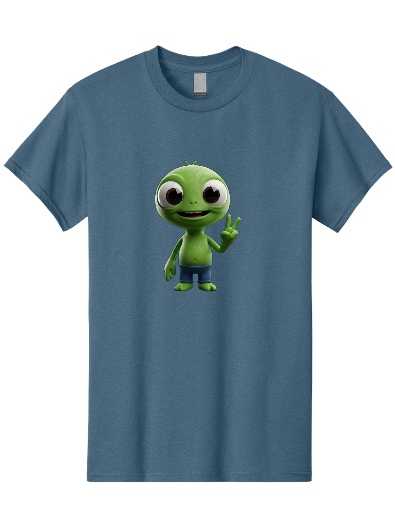 Alien-Cartoon-Character Men'S Graphic Tee, 100% Cotton, Comfortable Casual Summer Wear, Machine Washable, Alien Cartoon, Green Creature, Large Eyes, Peace Sign, Blue Shorts, Cute Character, Cartoon Style, Funny Alien, Cartoon Character Design, Bab622 5