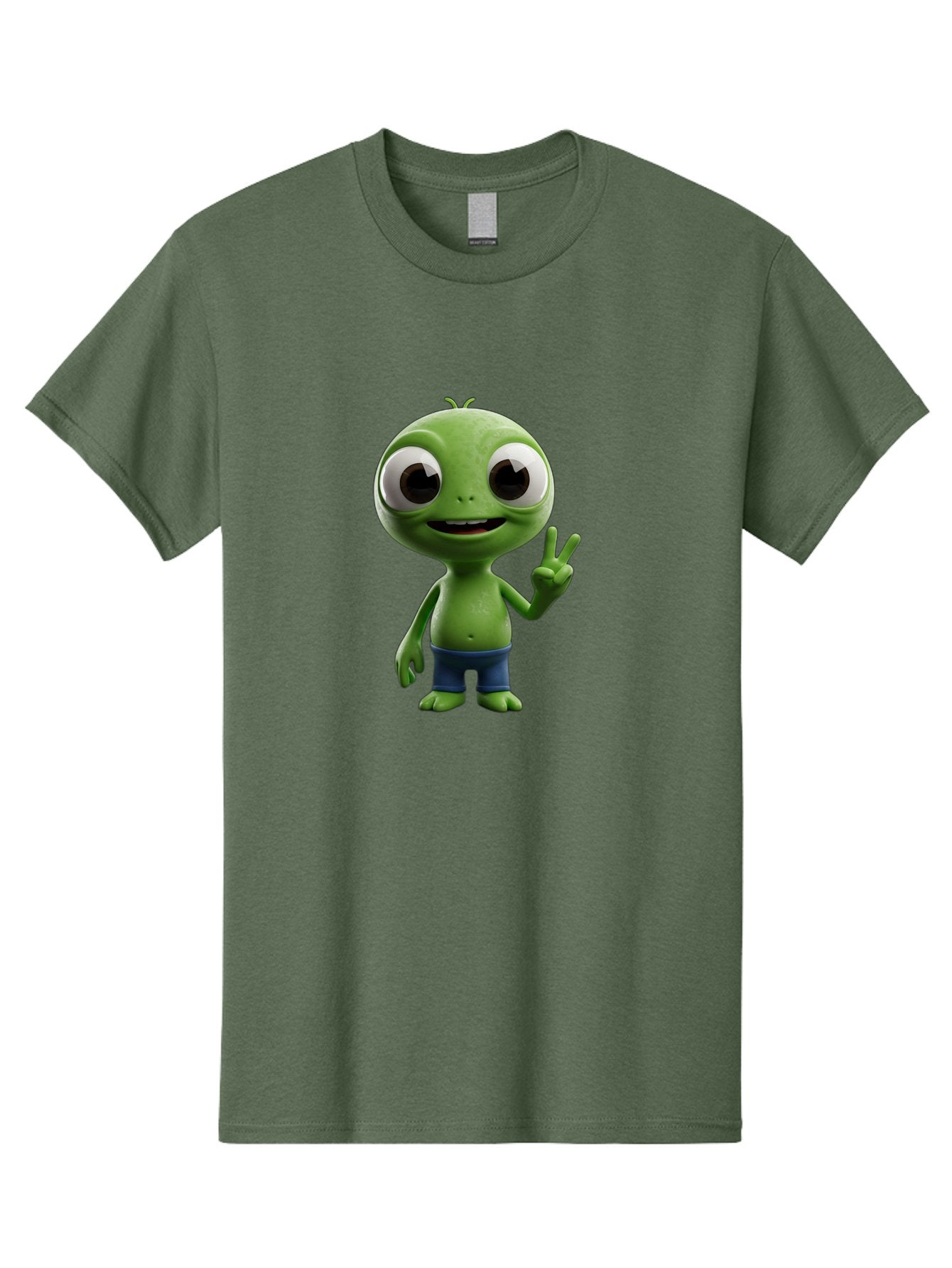 Alien-Cartoon-Character Men'S Graphic Tee, 100% Cotton, Comfortable Casual Summer Wear, Machine Washable, Alien Cartoon, Green Creature, Large Eyes, Peace Sign, Blue Shorts, Cute Character, Cartoon Style, Funny Alien, Cartoon Character Design, Bab622 13