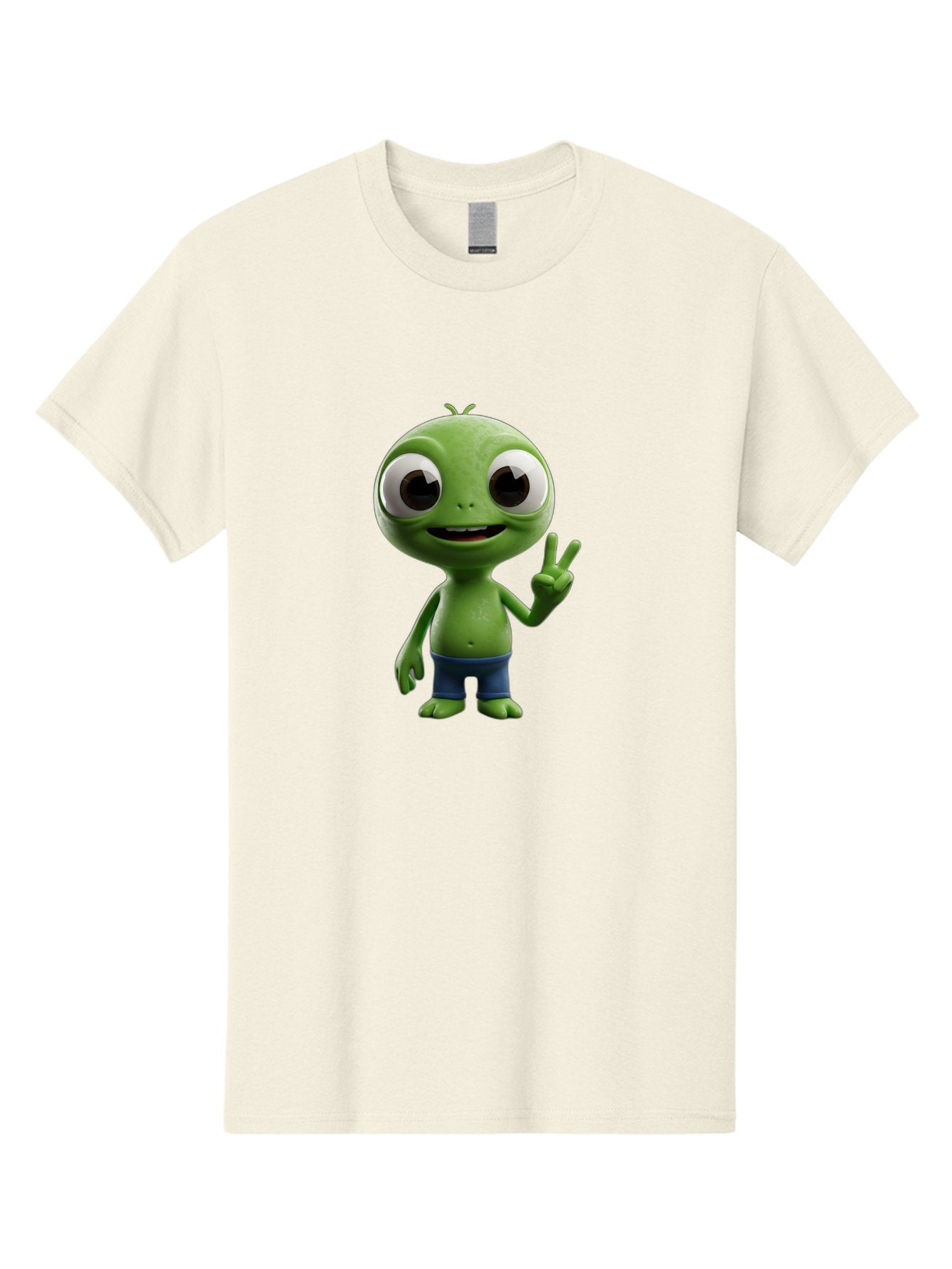Alien-Cartoon-Character Men'S Graphic Tee, 100% Cotton, Comfortable Casual Summer Wear, Machine Washable, Alien Cartoon, Green Creature, Large Eyes, Peace Sign, Blue Shorts, Cute Character, Cartoon Style, Funny Alien, Cartoon Character Design, Bab622 4