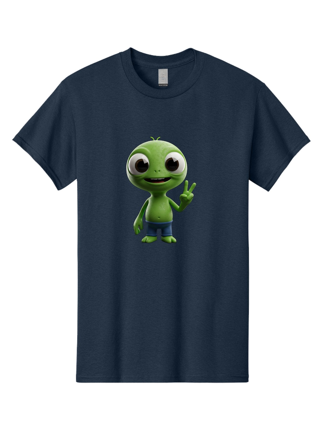 Alien-Cartoon-Character Men'S Graphic Tee, 100% Cotton, Comfortable Casual Summer Wear, Machine Washable, Alien Cartoon, Green Creature, Large Eyes, Peace Sign, Blue Shorts, Cute Character, Cartoon Style, Funny Alien, Cartoon Character Design, Bab622 6