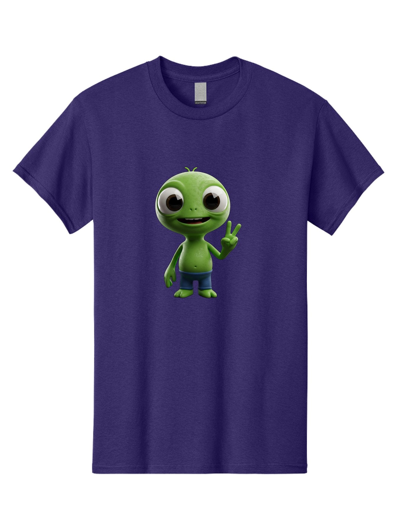Alien-Cartoon-Character Men'S Graphic Tee, 100% Cotton, Comfortable Casual Summer Wear, Machine Washable, Alien Cartoon, Green Creature, Large Eyes, Peace Sign, Blue Shorts, Cute Character, Cartoon Style, Funny Alien, Cartoon Character Design, Bab622 7