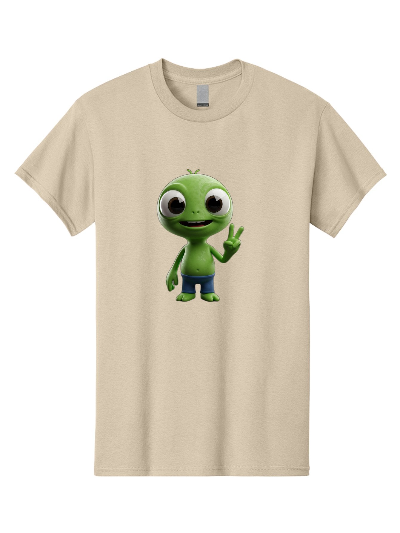 Alien-Cartoon-Character Men'S Graphic Tee, 100% Cotton, Comfortable Casual Summer Wear, Machine Washable, Alien Cartoon, Green Creature, Large Eyes, Peace Sign, Blue Shorts, Cute Character, Cartoon Style, Funny Alien, Cartoon Character Design, Bab622 15