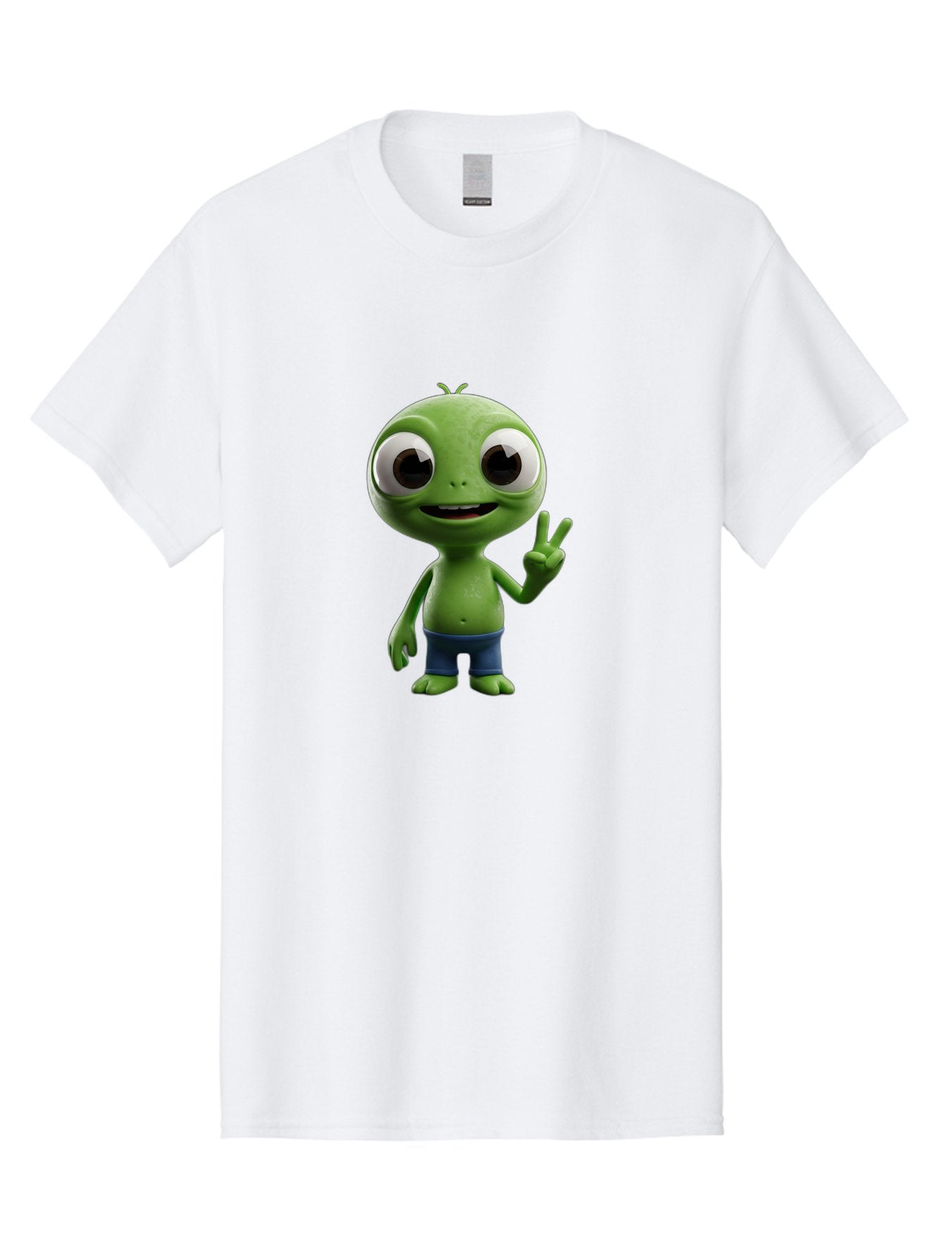 Alien-Cartoon-Character Men'S Graphic Tee, 100% Cotton, Comfortable Casual Summer Wear, Machine Washable, Alien Cartoon, Green Creature, Large Eyes, Peace Sign, Blue Shorts, Cute Character, Cartoon Style, Funny Alien, Cartoon Character Design, Bab622 9
