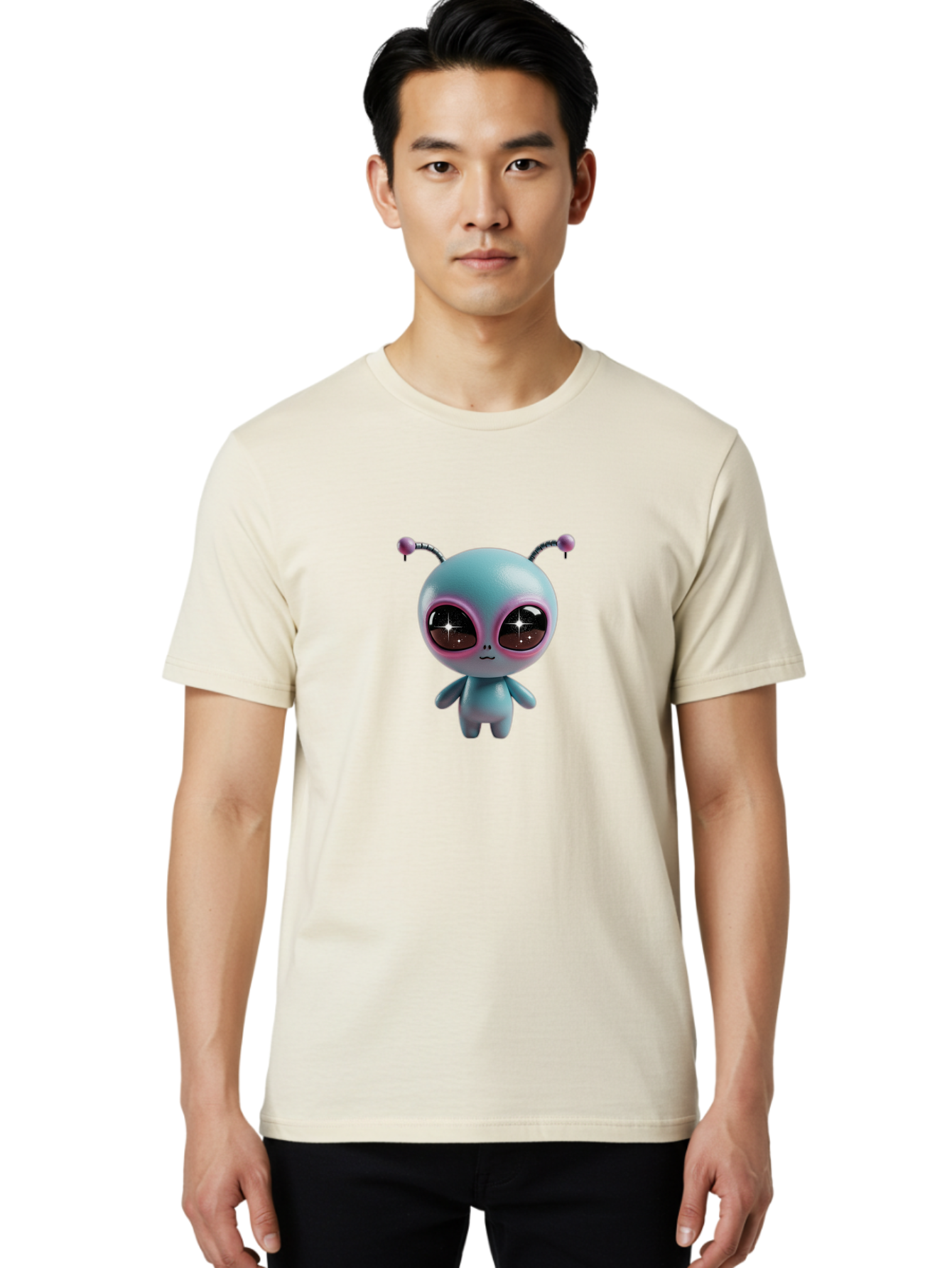 Alien-Character Men'S Graphic Tee, 100% Cotton, Comfortable Casual Summer Wear, Machine Washable, Cartoon Alien, Pastel Colors, Cute Design, Big Eyes, Smiling Face, Antennae, 3D Illustration, Quirky Character, Futuristic Being, Playful Vibe, Bab623 23