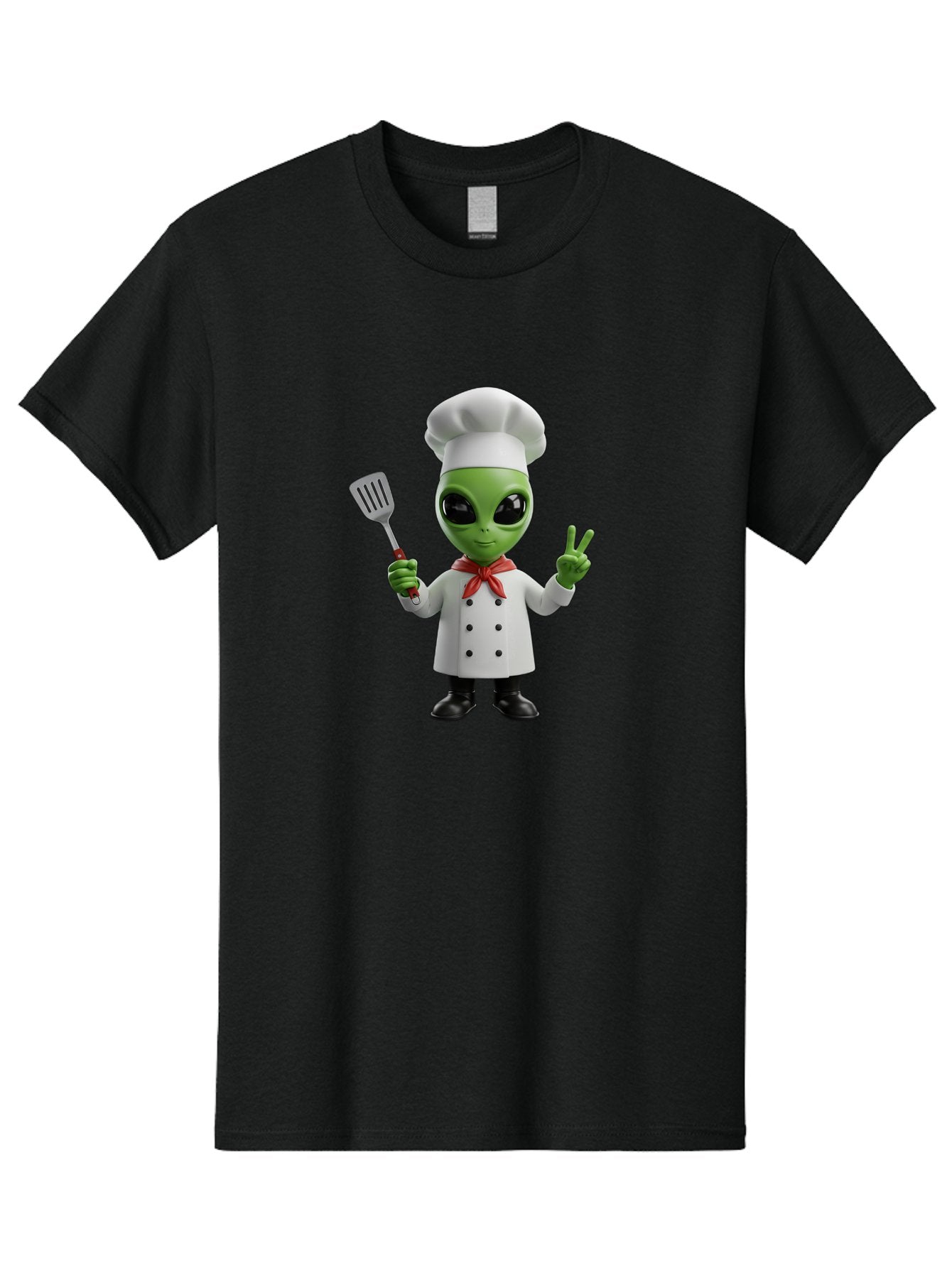 Alien-Chef Men'S Graphic Tee, 100% Cotton, Comfortable Casual Summer Wear, Machine Washable, Alien Chef, Green Alien, White Chef Coat, Red Neckerchief, Peace Sign, Spatula, 3D Cartoon Character, Funny Alien, Cooking, Kitchen Humor, Bab624