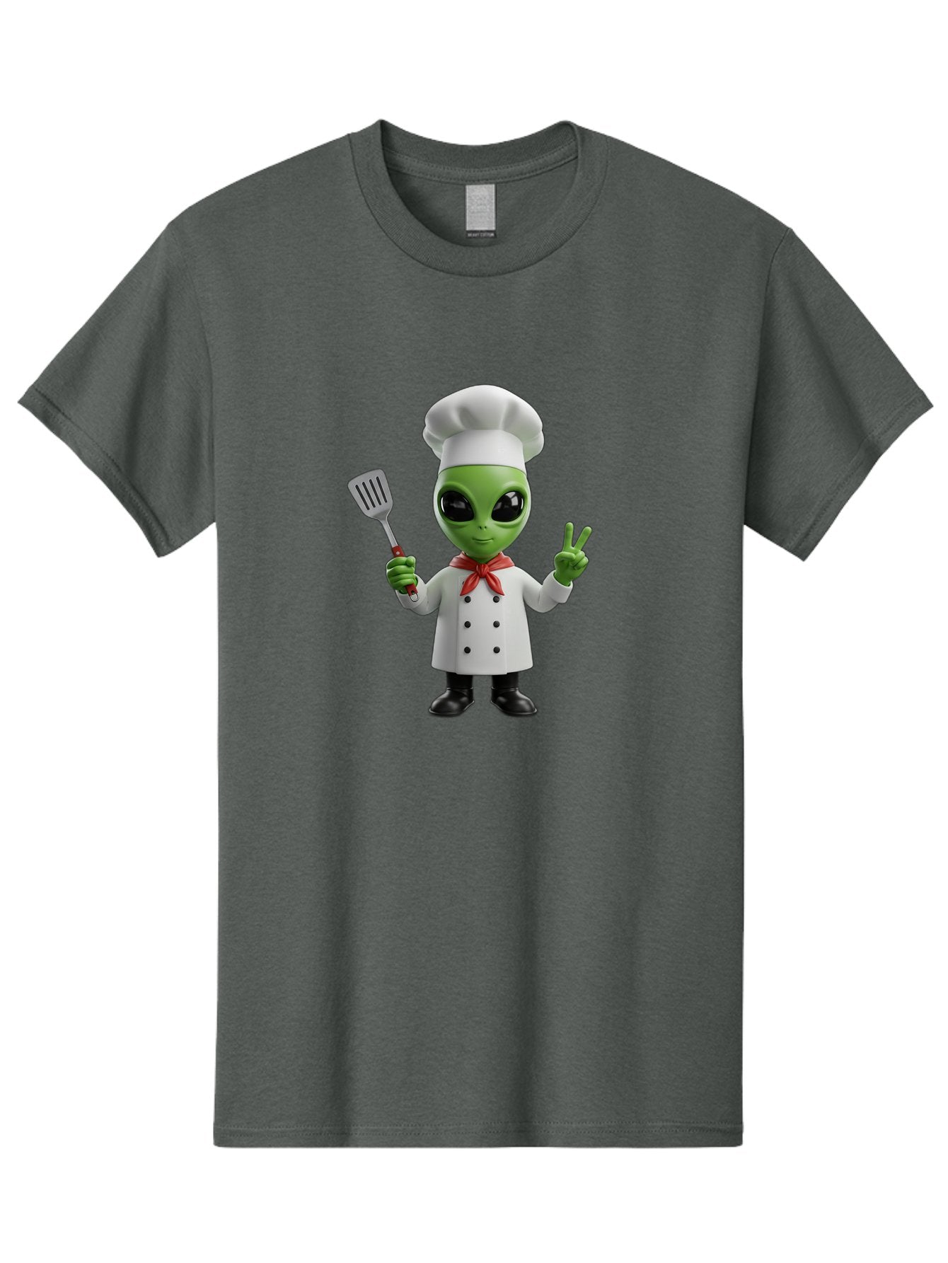 Alien-Chef Men'S Graphic Tee, 100% Cotton, Comfortable Casual Summer Wear, Machine Washable, Alien Chef, Green Alien, White Chef Coat, Red Neckerchief, Peace Sign, Spatula, 3D Cartoon Character, Funny Alien, Cooking, Kitchen Humor, Bab624 8