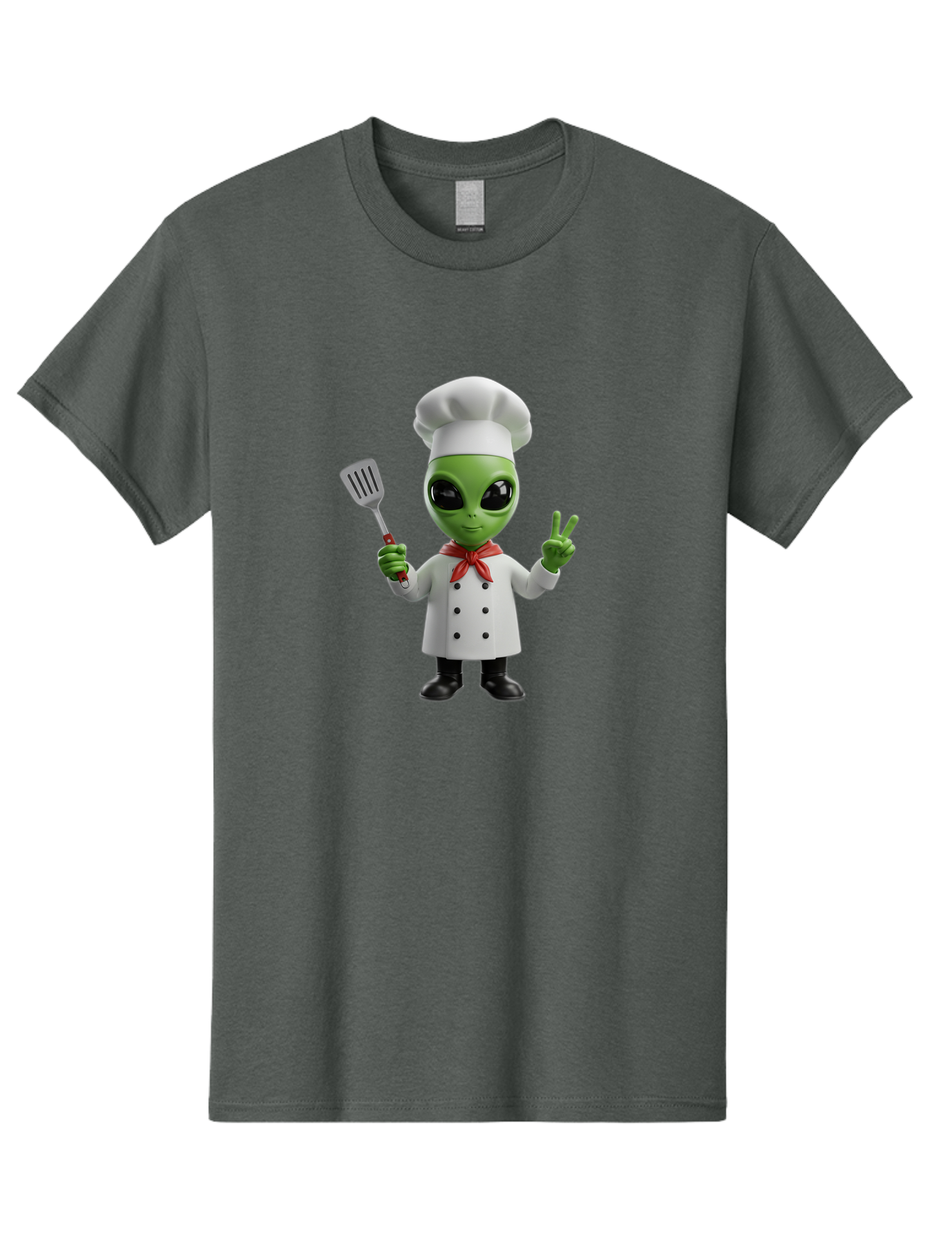 Alien-Chef Men'S Graphic Tee, 100% Cotton, Comfortable Casual Summer Wear, Machine Washable, Alien Chef, Green Alien, White Chef Coat, Red Neckerchief, Peace Sign, Spatula, 3D Cartoon Character, Funny Alien, Cooking, Kitchen Humor, Bab624 6