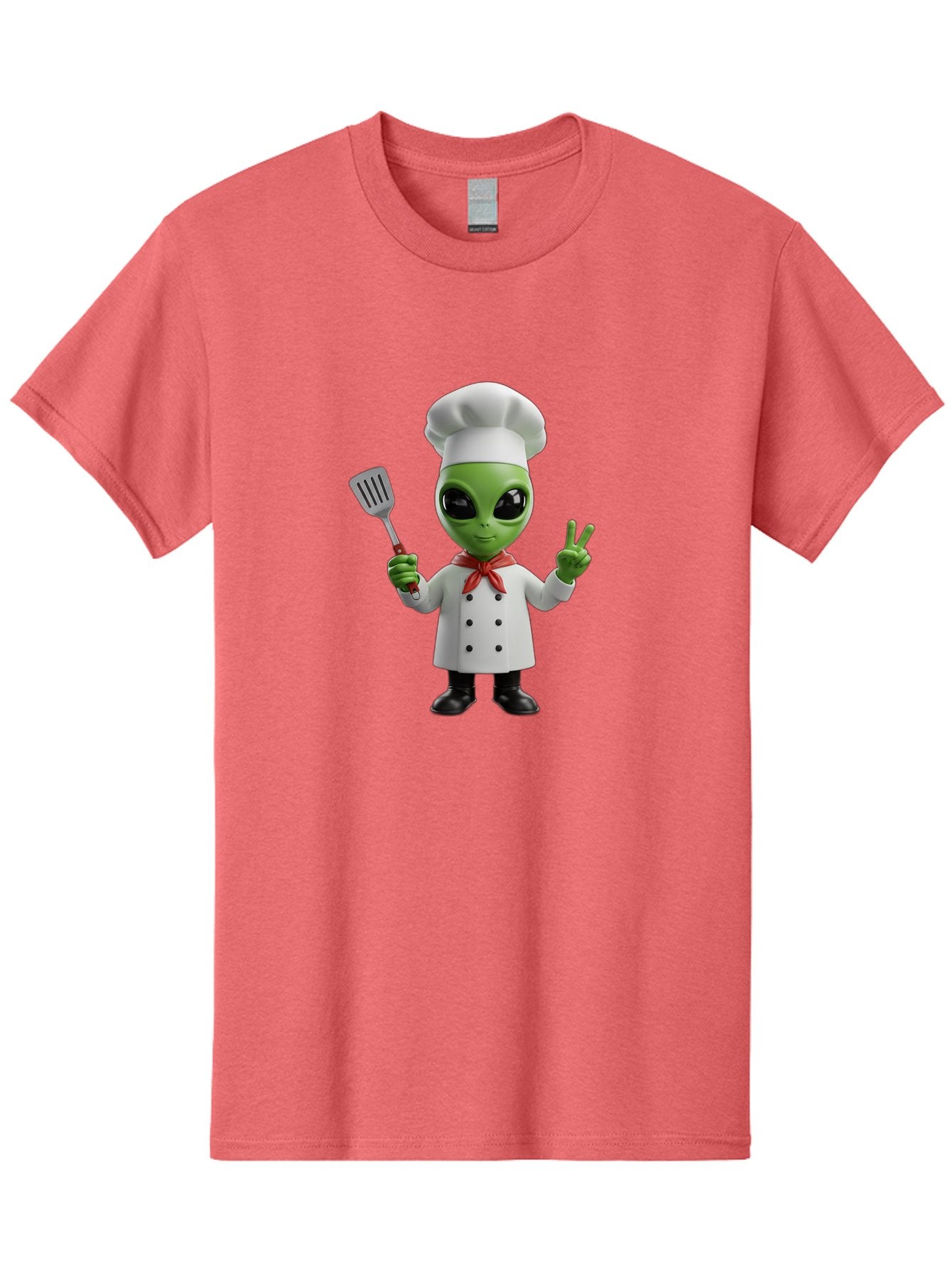 Alien-Chef Men'S Graphic Tee, 100% Cotton, Comfortable Casual Summer Wear, Machine Washable, Alien Chef, Green Alien, White Chef Coat, Red Neckerchief, Peace Sign, Spatula, 3D Cartoon Character, Funny Alien, Cooking, Kitchen Humor, Bab624 15