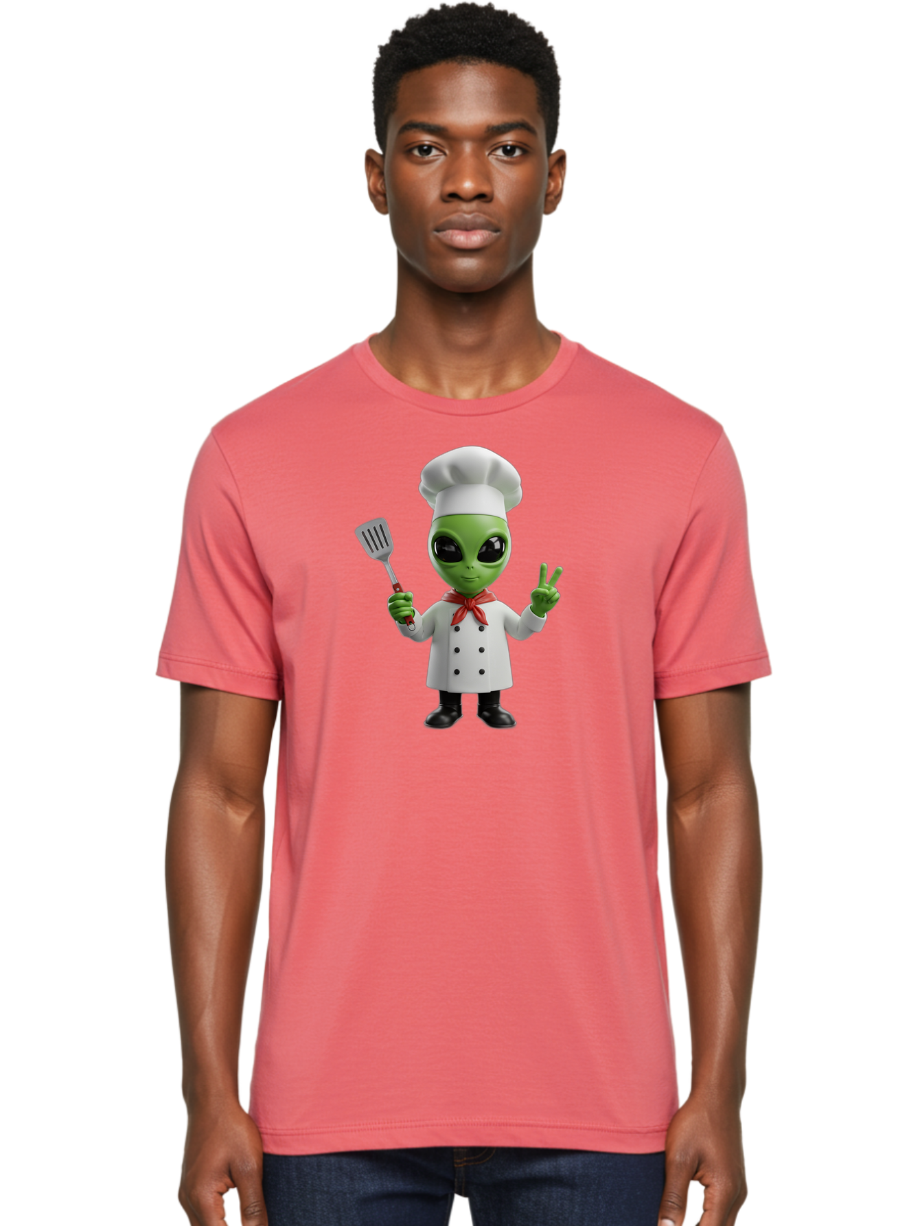 Alien-Chef Men'S Graphic Tee, 100% Cotton, Comfortable Casual Summer Wear, Machine Washable, Alien Chef, Green Alien, White Chef Coat, Red Neckerchief, Peace Sign, Spatula, 3D Cartoon Character, Funny Alien, Cooking, Kitchen Humor, Bab624 16