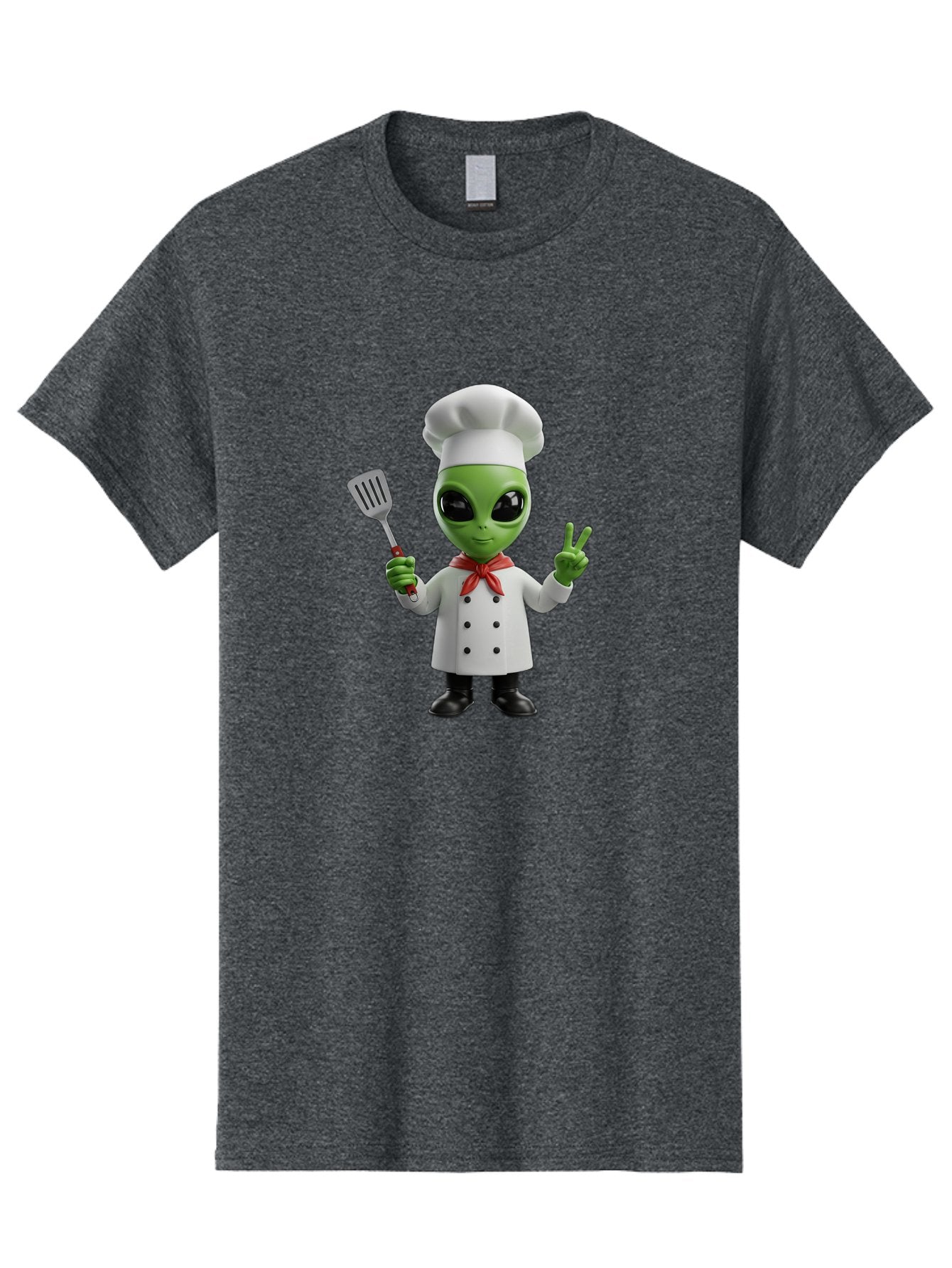 Alien-Chef Men'S Graphic Tee, 100% Cotton, Comfortable Casual Summer Wear, Machine Washable, Alien Chef, Green Alien, White Chef Coat, Red Neckerchief, Peace Sign, Spatula, 3D Cartoon Character, Funny Alien, Cooking, Kitchen Humor, Bab624 3