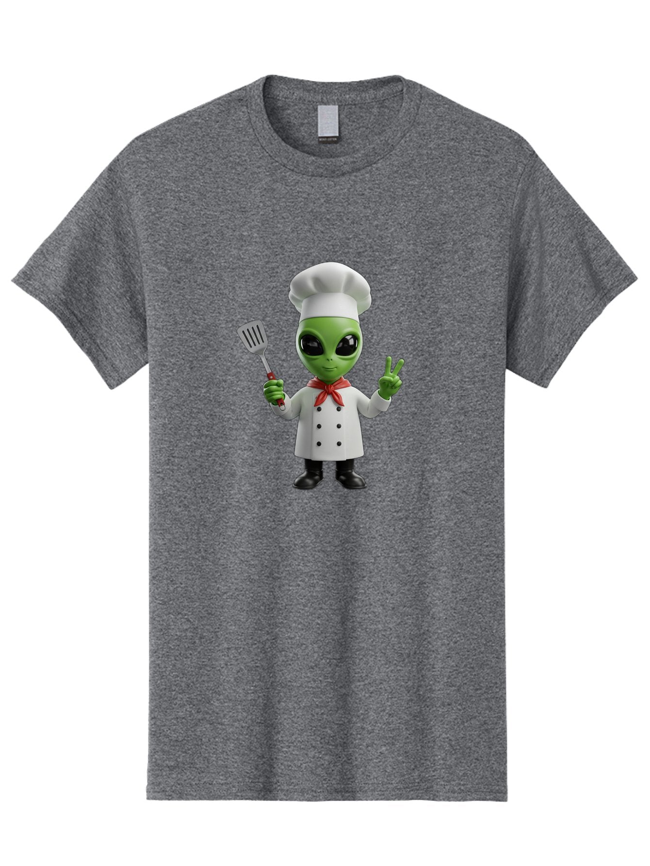 Alien-Chef Men'S Graphic Tee, 100% Cotton, Comfortable Casual Summer Wear, Machine Washable, Alien Chef, Green Alien, White Chef Coat, Red Neckerchief, Peace Sign, Spatula, 3D Cartoon Character, Funny Alien, Cooking, Kitchen Humor, Bab624 7