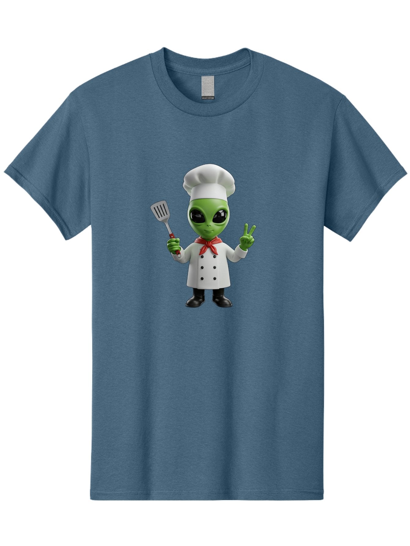 Alien-Chef Men'S Graphic Tee, 100% Cotton, Comfortable Casual Summer Wear, Machine Washable, Alien Chef, Green Alien, White Chef Coat, Red Neckerchief, Peace Sign, Spatula, 3D Cartoon Character, Funny Alien, Cooking, Kitchen Humor, Bab624