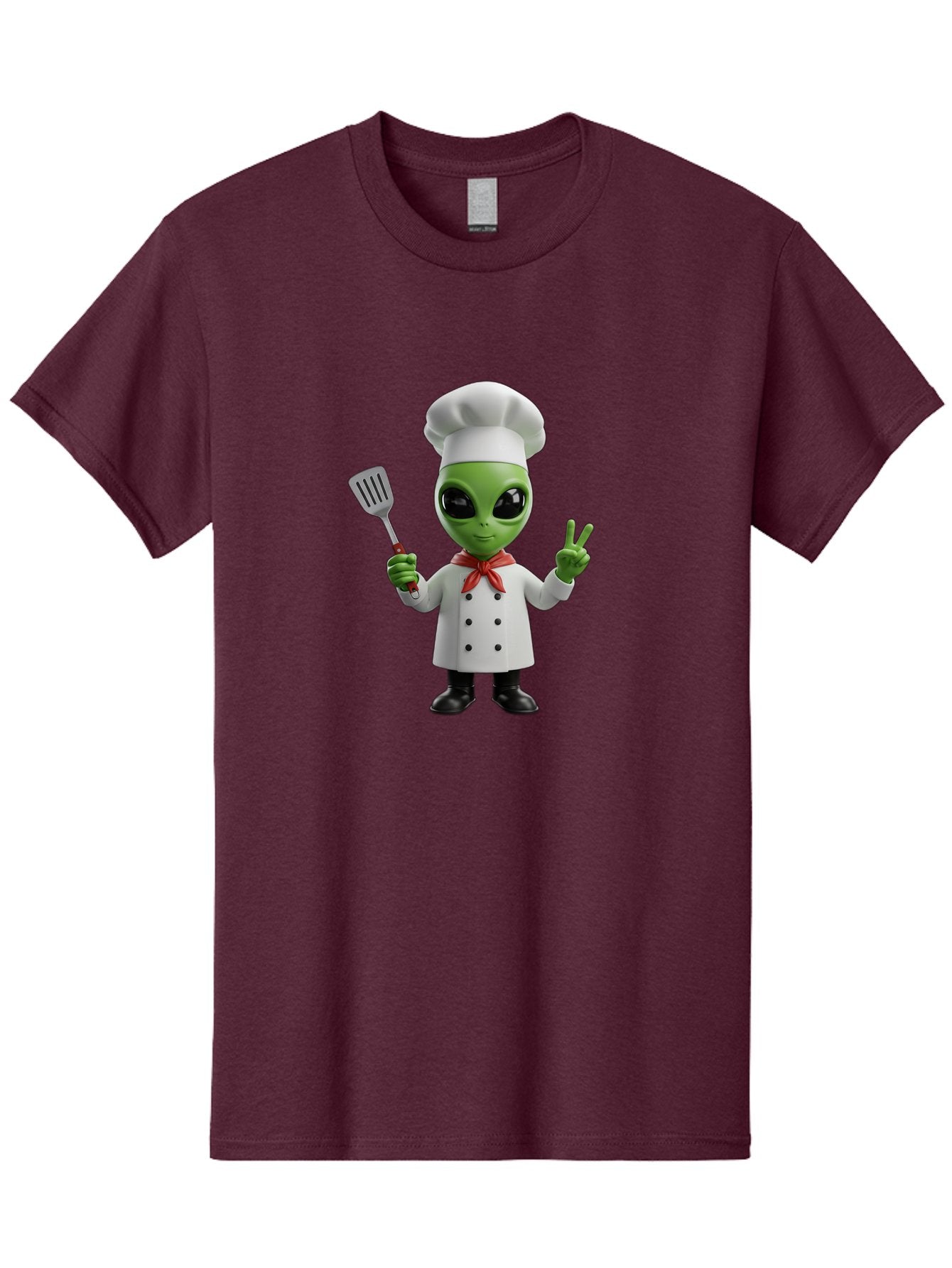 Alien-Chef Men'S Graphic Tee, 100% Cotton, Comfortable Casual Summer Wear, Machine Washable, Alien Chef, Green Alien, White Chef Coat, Red Neckerchief, Peace Sign, Spatula, 3D Cartoon Character, Funny Alien, Cooking, Kitchen Humor, Bab624 14