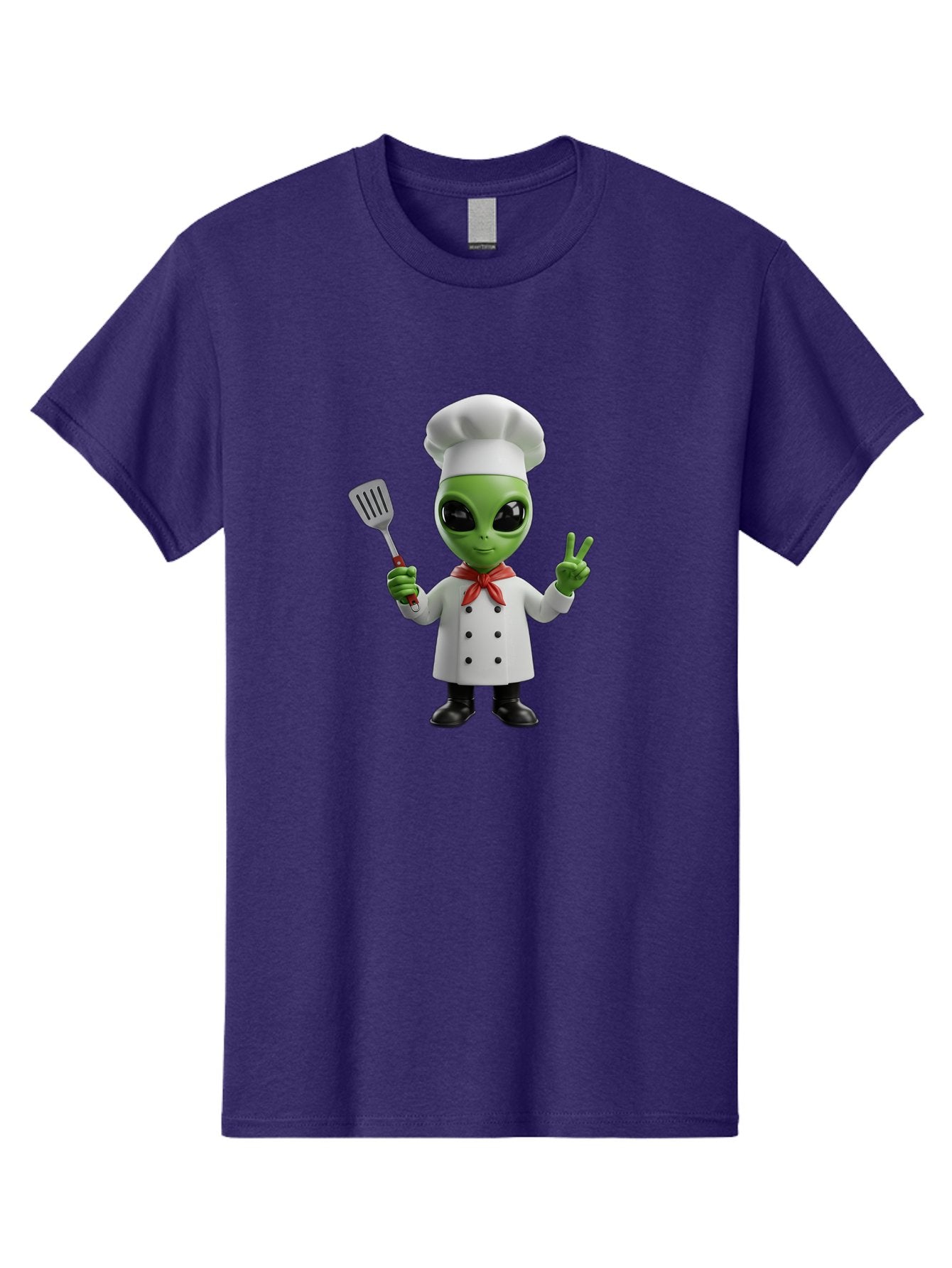 Alien-Chef Men'S Graphic Tee, 100% Cotton, Comfortable Casual Summer Wear, Machine Washable, Alien Chef, Green Alien, White Chef Coat, Red Neckerchief, Peace Sign, Spatula, 3D Cartoon Character, Funny Alien, Cooking, Kitchen Humor, Bab624 6