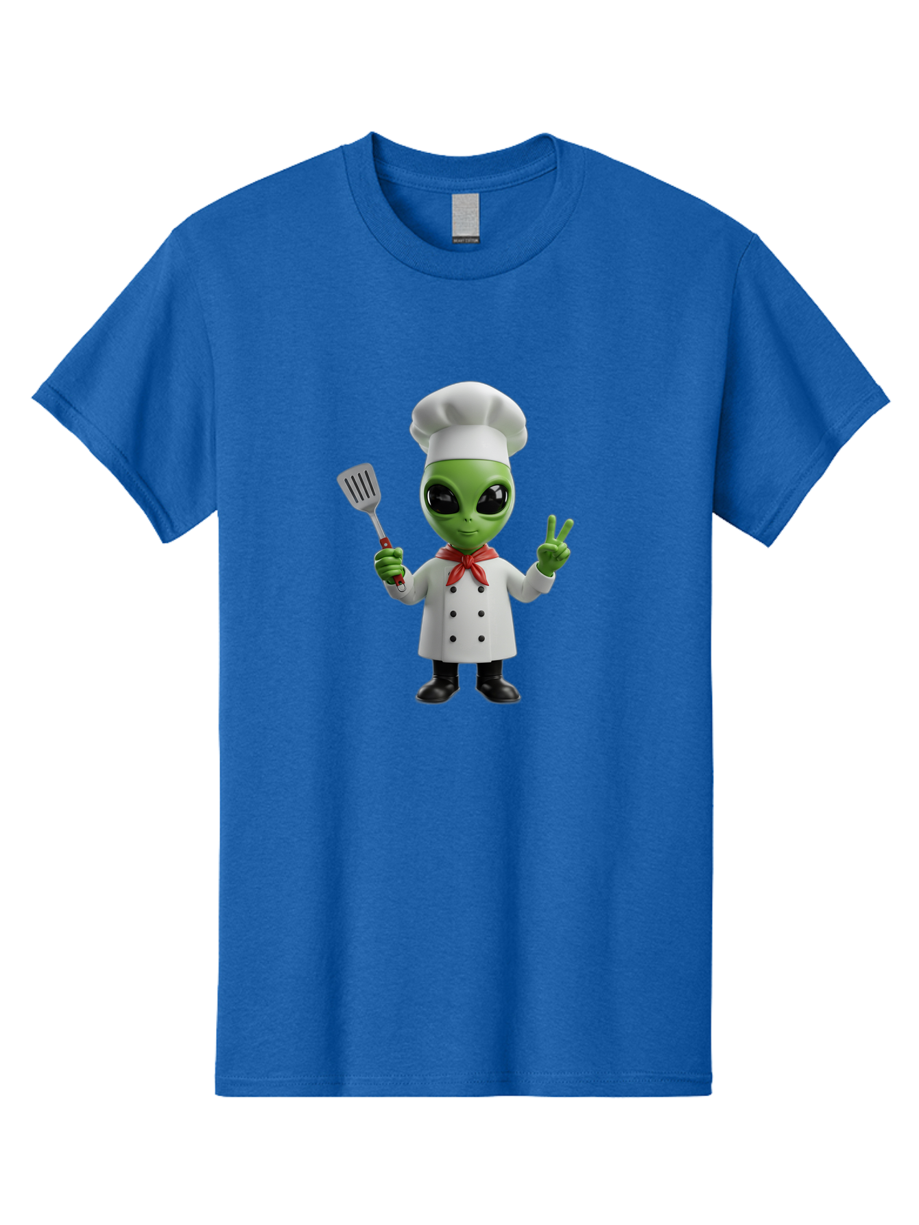 Alien-Chef Men'S Graphic Tee, 100% Cotton, Comfortable Casual Summer Wear, Machine Washable, Alien Chef, Green Alien, White Chef Coat, Red Neckerchief, Peace Sign, Spatula, 3D Cartoon Character, Funny Alien, Cooking, Kitchen Humor, Bab624 15