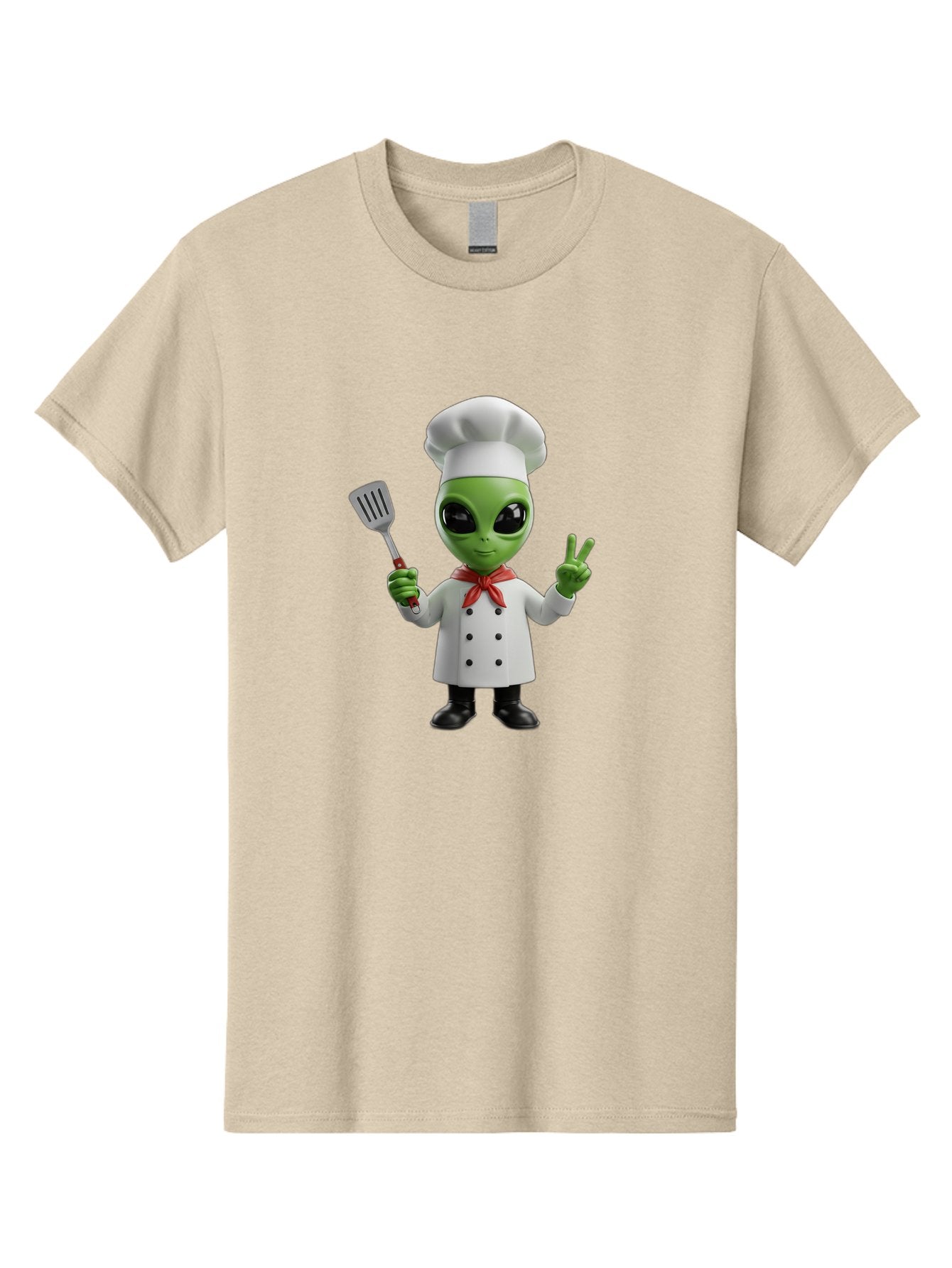 Alien-Chef Men'S Graphic Tee, 100% Cotton, Comfortable Casual Summer Wear, Machine Washable, Alien Chef, Green Alien, White Chef Coat, Red Neckerchief, Peace Sign, Spatula, 3D Cartoon Character, Funny Alien, Cooking, Kitchen Humor, Bab624 5