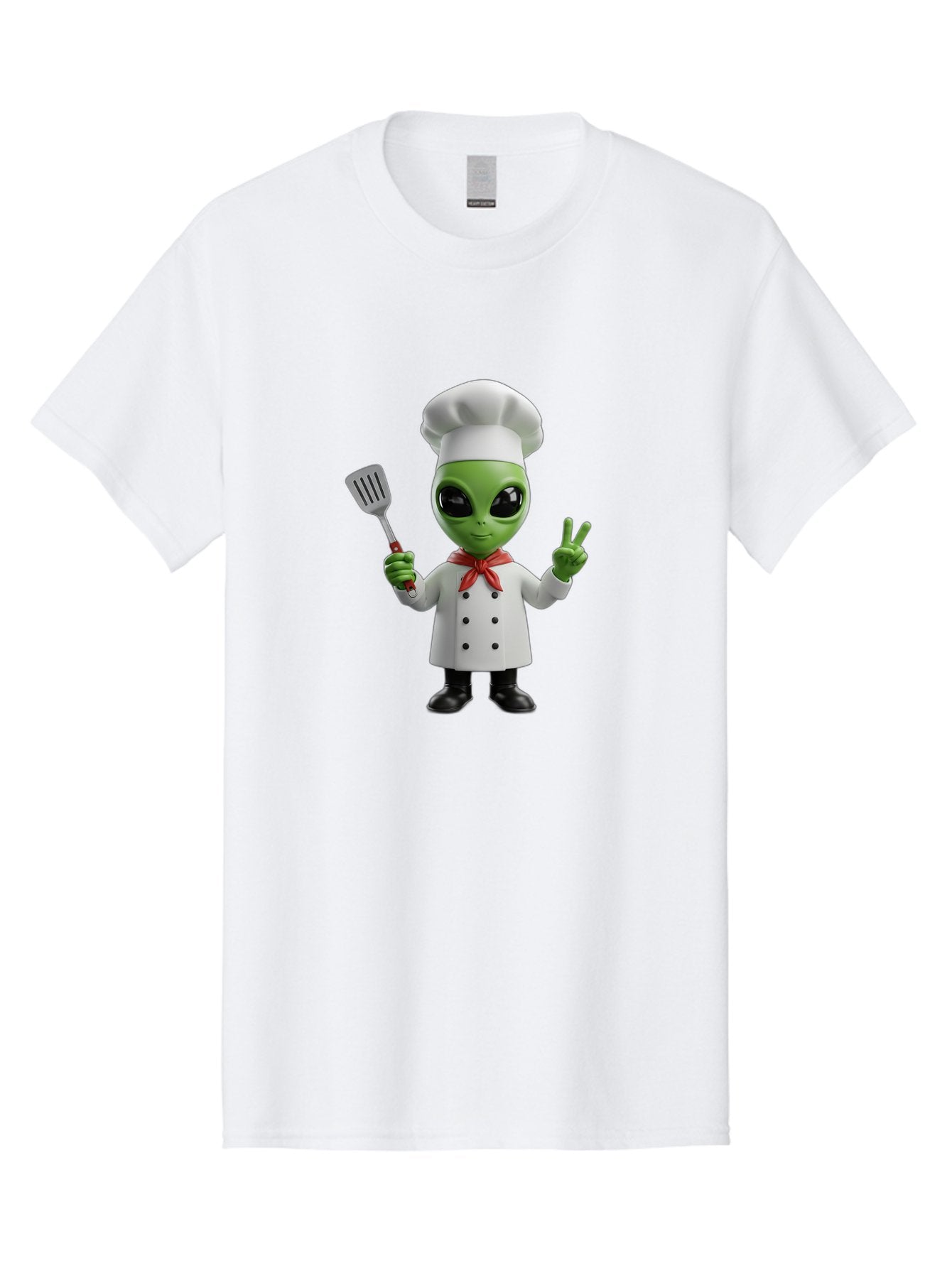 Alien-Chef Men'S Graphic Tee, 100% Cotton, Comfortable Casual Summer Wear, Machine Washable, Alien Chef, Green Alien, White Chef Coat, Red Neckerchief, Peace Sign, Spatula, 3D Cartoon Character, Funny Alien, Cooking, Kitchen Humor, Bab624 11