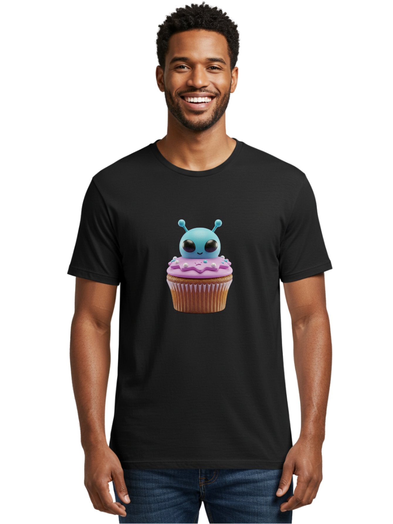 Alien-Cupcake Men'S Graphic Tee, 100% Cotton, Comfortable Casual Summer Wear, Machine Washable, Blue Alien On Top Of Cupcake, Pastel Colors, Whimsical Design, Sweet Treats, Fondant Decoration, Colorful Sprinkles, Dessert Art, Creative Baking Bab625 21