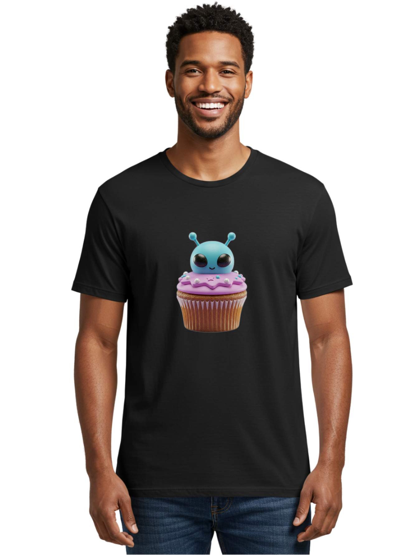 Alien-Cupcake Men'S Graphic Tee, 100% Cotton, Comfortable Casual Summer Wear, Machine Washable, Blue Alien On Top Of Cupcake, Pastel Colors, Whimsical Design, Sweet Treats, Fondant Decoration, Colorful Sprinkles, Dessert Art, Creative Baking Bab625 25