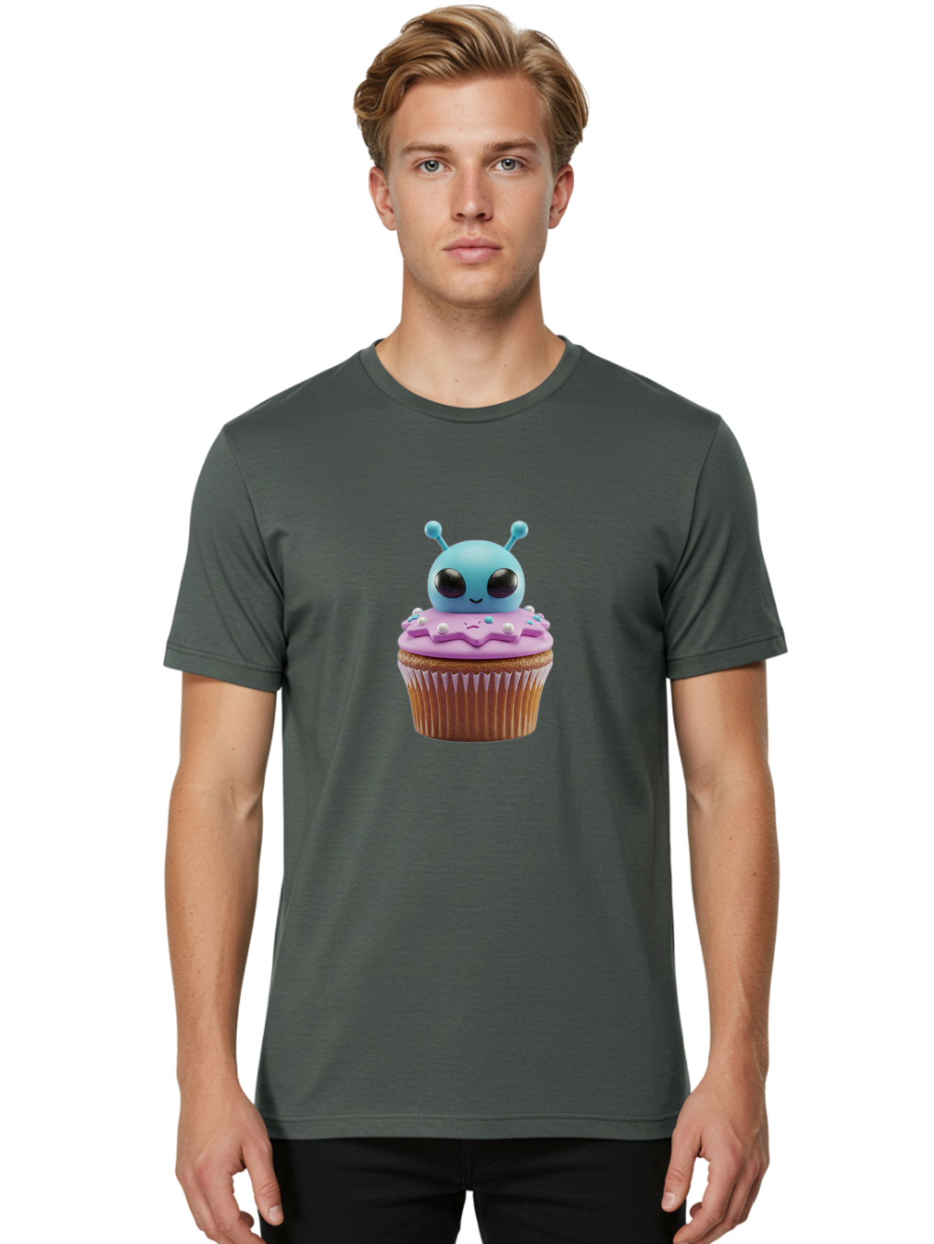 Alien-Cupcake Men'S Graphic Tee, 100% Cotton, Comfortable Casual Summer Wear, Machine Washable, Blue Alien On Top Of Cupcake, Pastel Colors, Whimsical Design, Sweet Treats, Fondant Decoration, Colorful Sprinkles, Dessert Art, Creative Baking Bab625 29