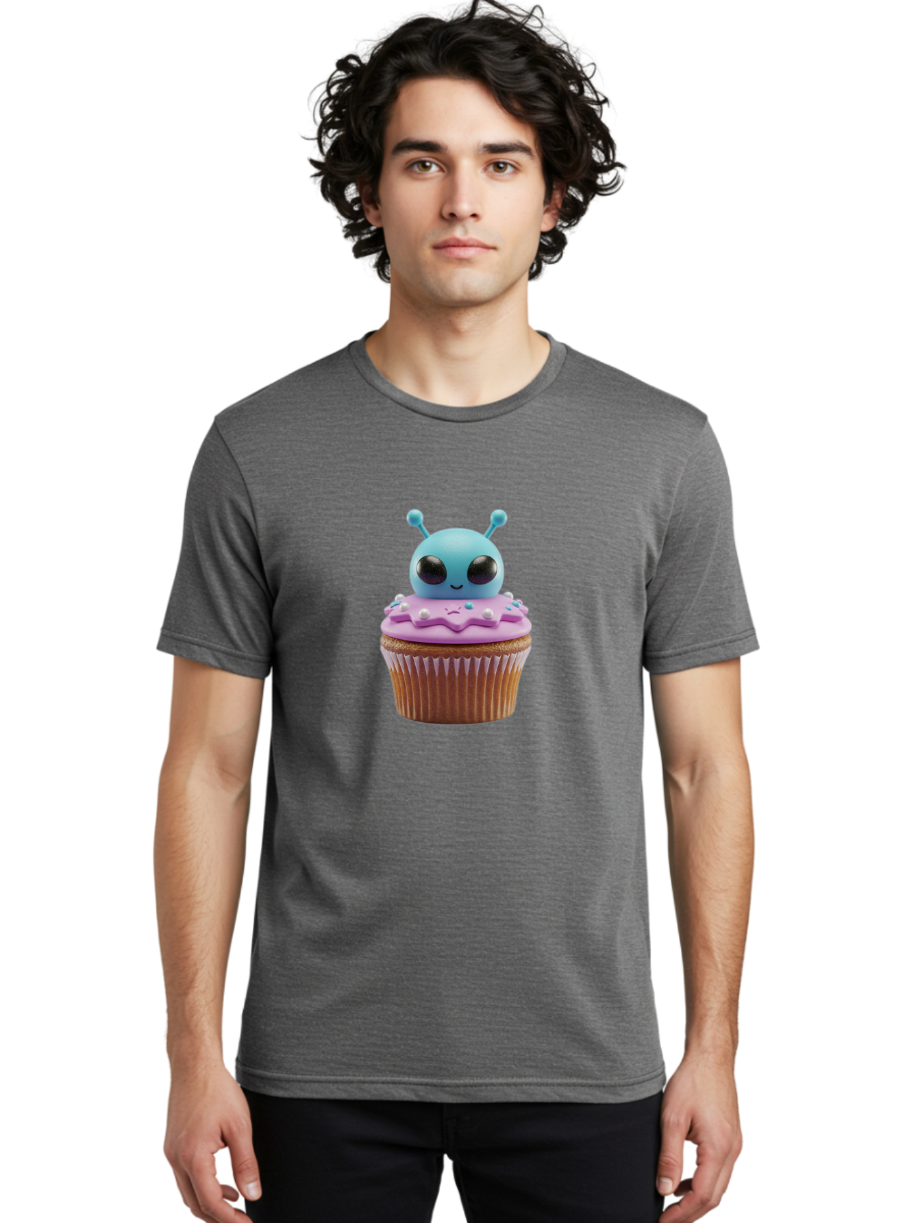 Alien-Cupcake Men'S Graphic Tee, 100% Cotton, Comfortable Casual Summer Wear, Machine Washable, Blue Alien On Top Of Cupcake, Pastel Colors, Whimsical Design, Sweet Treats, Fondant Decoration, Colorful Sprinkles, Dessert Art, Creative Baking Bab625 26