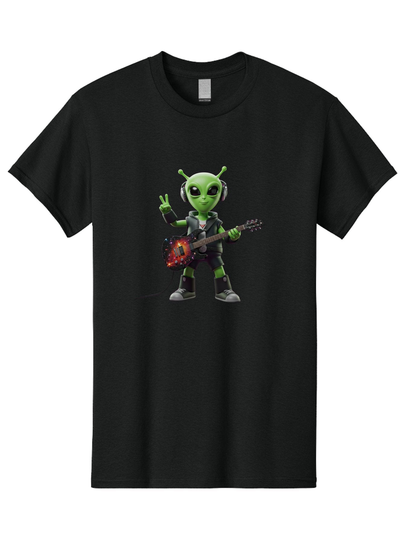 Alien-Guitarist Men'S Graphic Tee, 100% Cotton, Comfortable Casual Summer Wear, Machine Washable, Alien Playing Electric Guitar, Wearing Headphones, Peace Sign Hand Gesture, Galaxy Print Guitar, Rockstar Alien, Futuristic Music, Bab626 9
