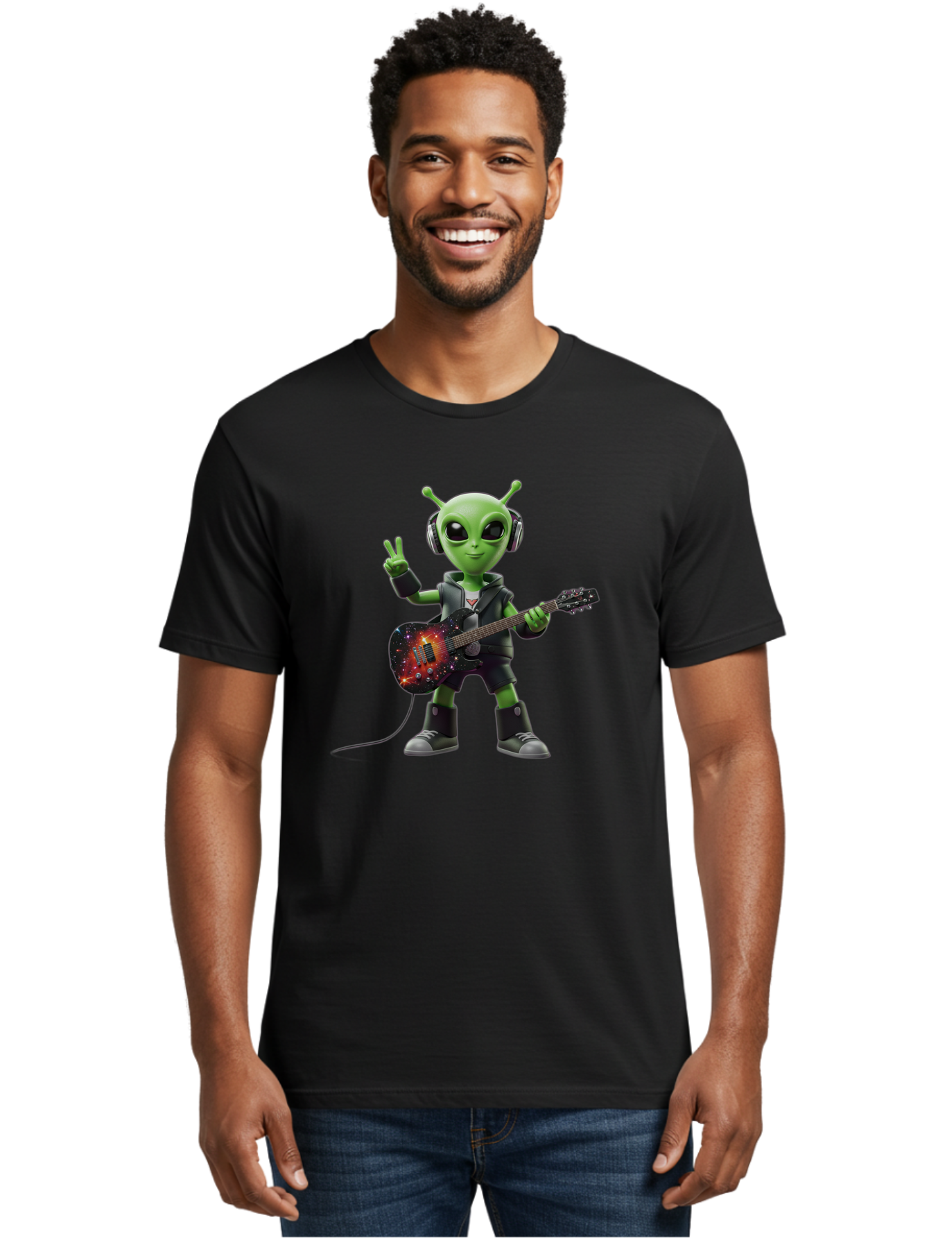 Alien-Guitarist Men'S Graphic Tee, 100% Cotton, Comfortable Casual Summer Wear, Machine Washable, Alien Playing Electric Guitar, Wearing Headphones, Peace Sign Hand Gesture, Galaxy Print Guitar, Rockstar Alien, Futuristic Music, Bab626 20