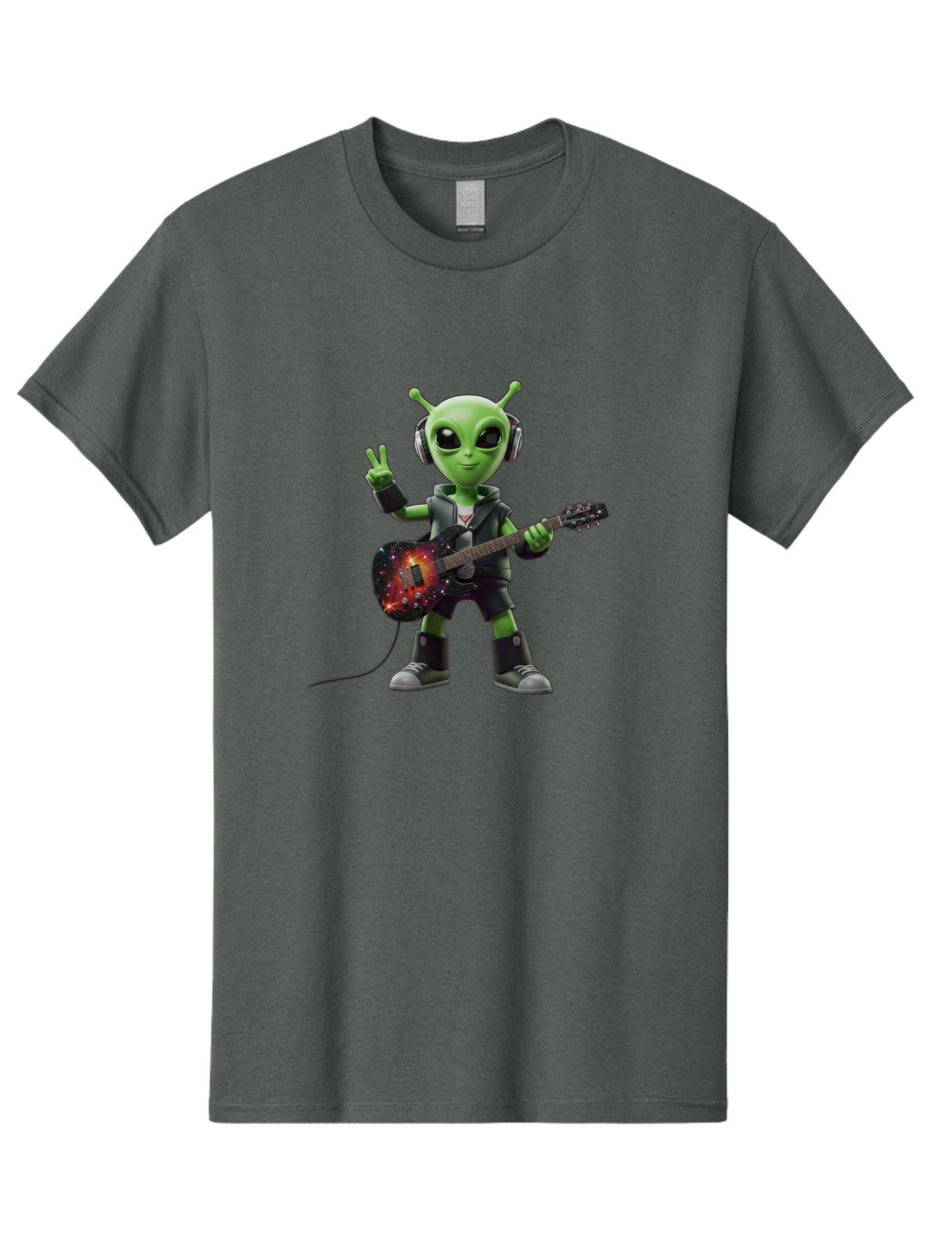 Alien-Guitarist Men'S Graphic Tee, 100% Cotton, Comfortable Casual Summer Wear, Machine Washable, Alien Playing Electric Guitar, Wearing Headphones, Peace Sign Hand Gesture, Galaxy Print Guitar, Rockstar Alien, Futuristic Music, Bab626 3