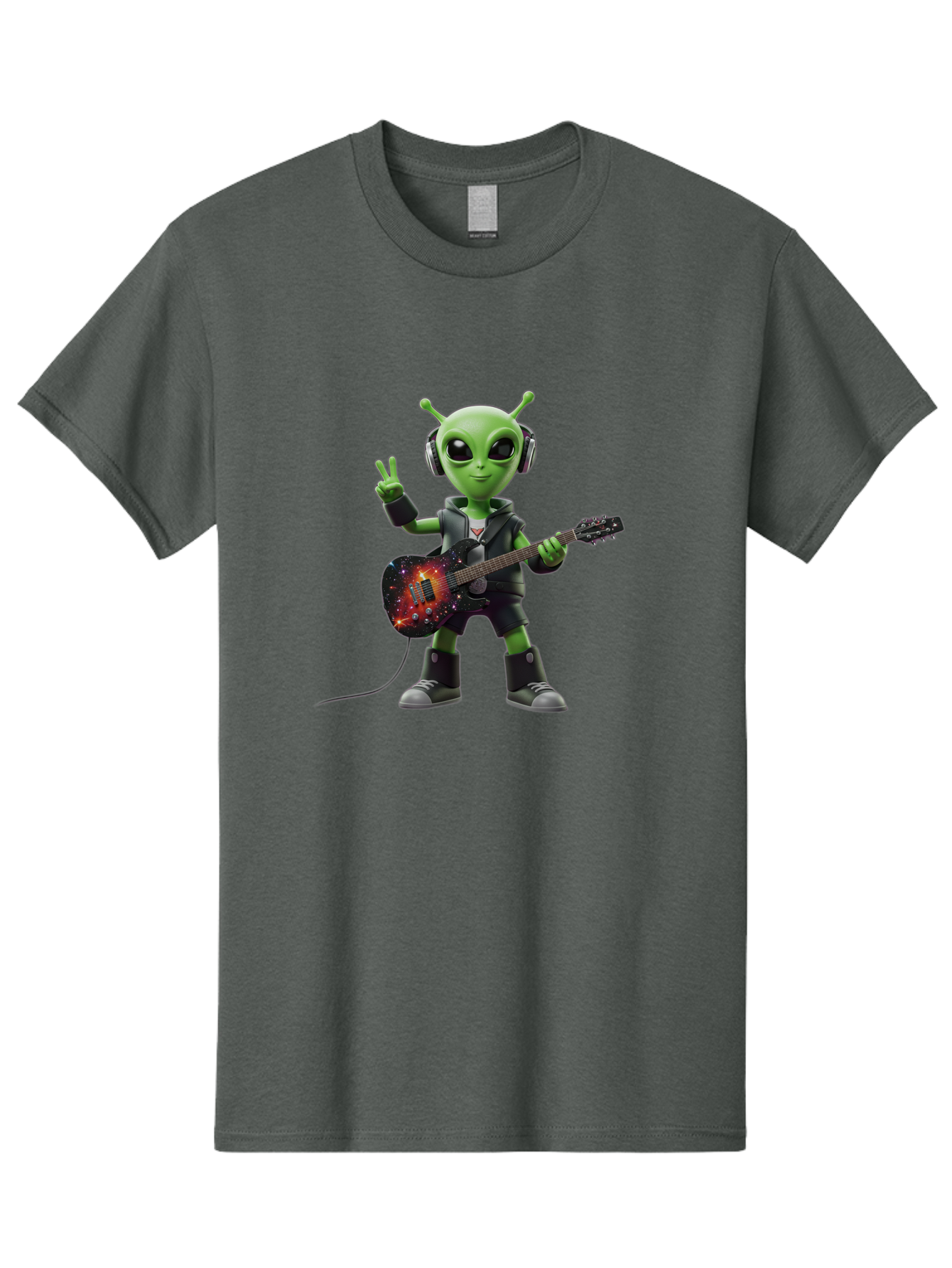 Alien-Guitarist Men'S Graphic Tee, 100% Cotton, Comfortable Casual Summer Wear, Machine Washable, Alien Playing Electric Guitar, Wearing Headphones, Peace Sign Hand Gesture, Galaxy Print Guitar, Rockstar Alien, Futuristic Music, Bab626 9