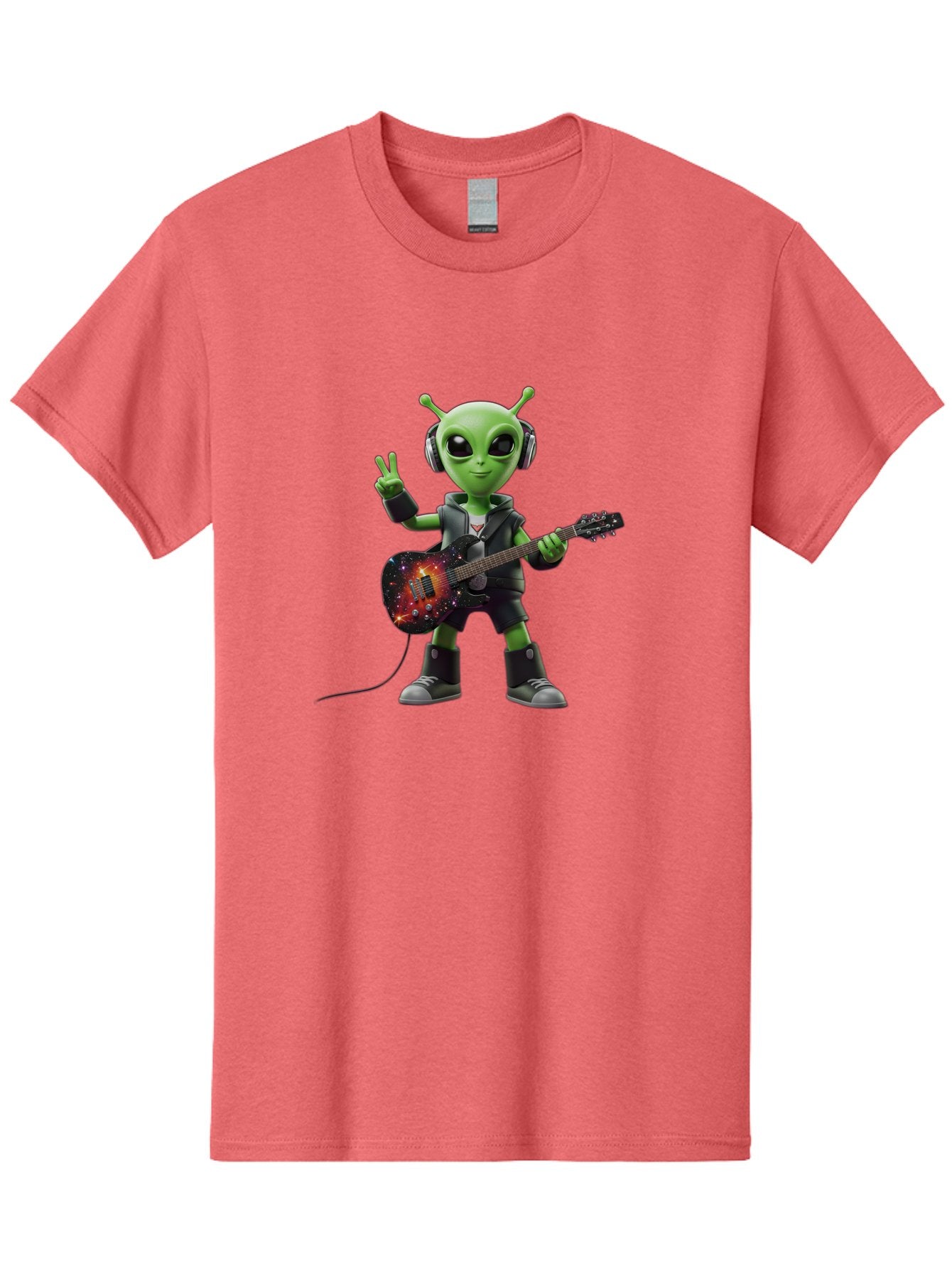 Alien-Guitarist Men'S Graphic Tee, 100% Cotton, Comfortable Casual Summer Wear, Machine Washable, Alien Playing Electric Guitar, Wearing Headphones, Peace Sign Hand Gesture, Galaxy Print Guitar, Rockstar Alien, Futuristic Music, Bab626 15