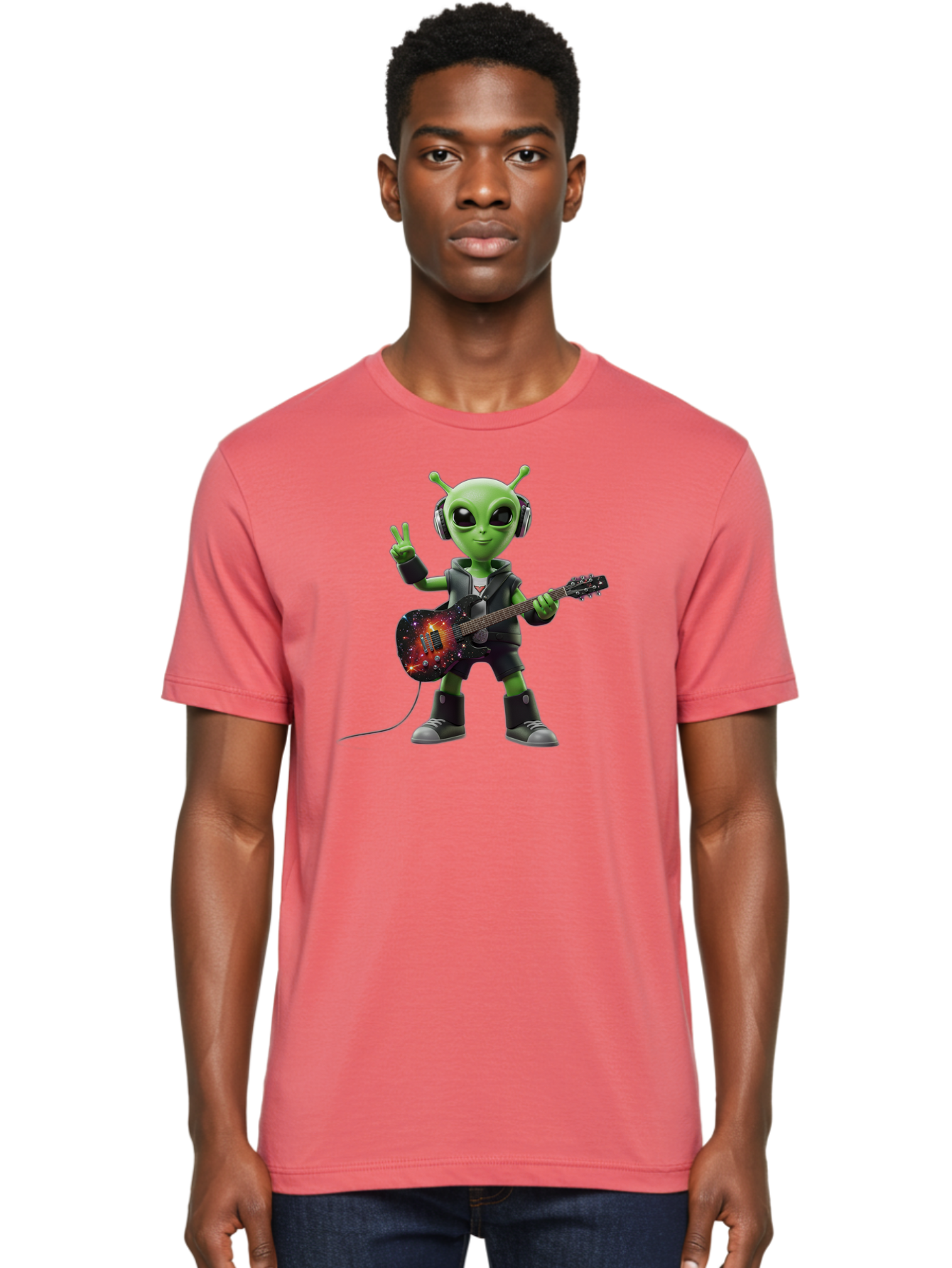 Alien-Guitarist Men'S Graphic Tee, 100% Cotton, Comfortable Casual Summer Wear, Machine Washable, Alien Playing Electric Guitar, Wearing Headphones, Peace Sign Hand Gesture, Galaxy Print Guitar, Rockstar Alien, Futuristic Music, Bab626 16