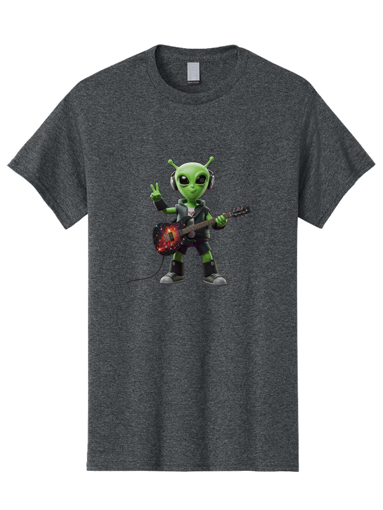 Alien-Guitarist Men'S Graphic Tee, 100% Cotton, Comfortable Casual Summer Wear, Machine Washable, Alien Playing Electric Guitar, Wearing Headphones, Peace Sign Hand Gesture, Galaxy Print Guitar, Rockstar Alien, Futuristic Music, Bab626 8