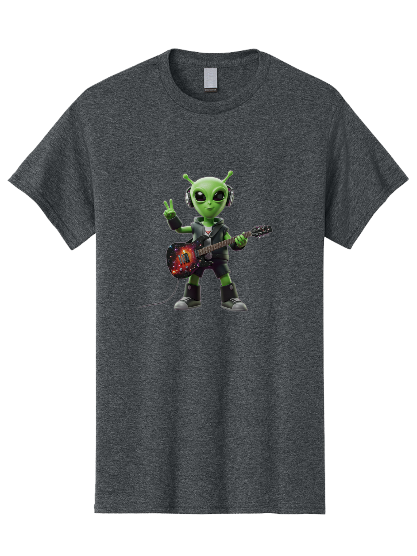 Alien-Guitarist Men'S Graphic Tee, 100% Cotton, Comfortable Casual Summer Wear, Machine Washable, Alien Playing Electric Guitar, Wearing Headphones, Peace Sign Hand Gesture, Galaxy Print Guitar, Rockstar Alien, Futuristic Music, Bab626 6