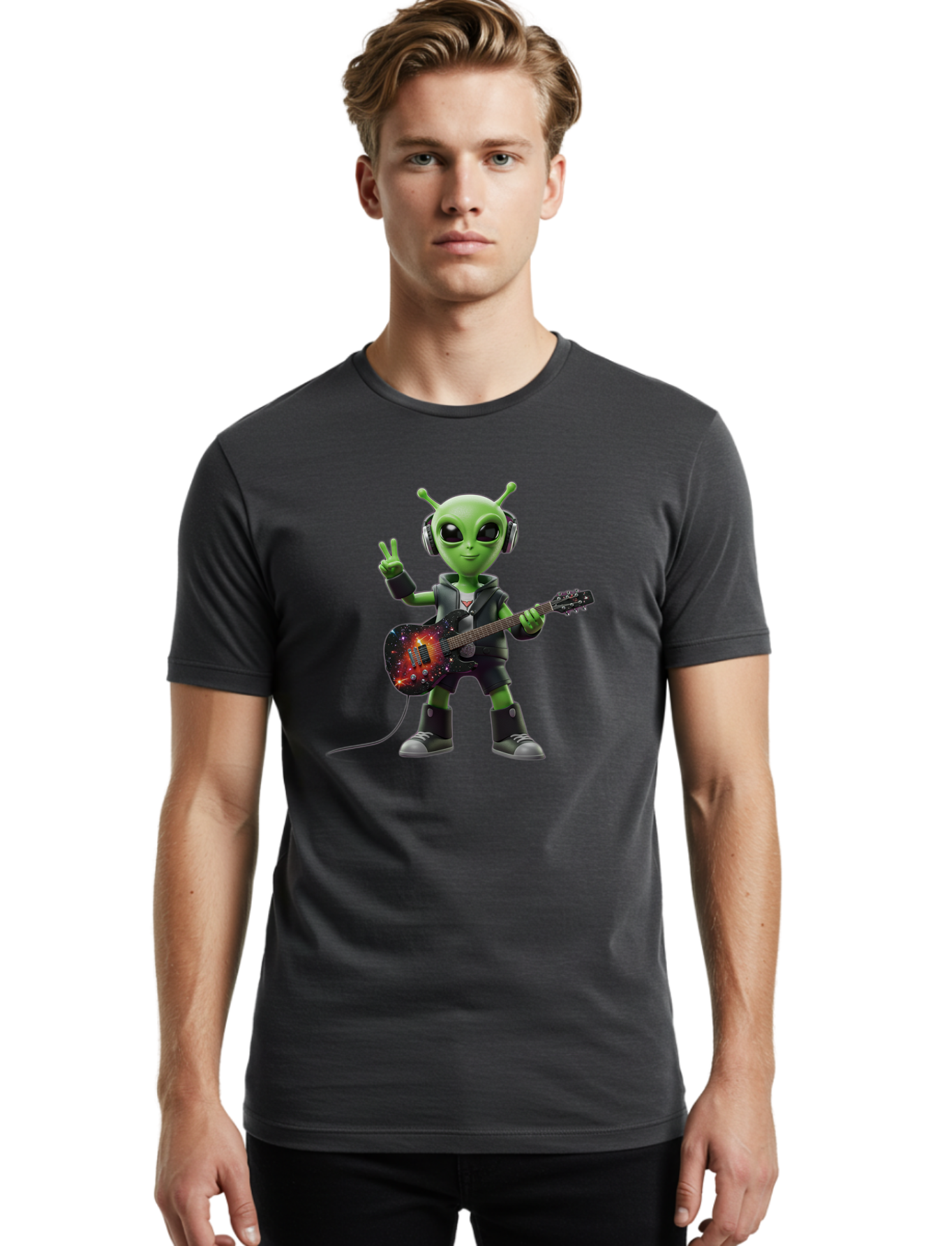 Alien-Guitarist Men'S Graphic Tee, 100% Cotton, Comfortable Casual Summer Wear, Machine Washable, Alien Playing Electric Guitar, Wearing Headphones, Peace Sign Hand Gesture, Galaxy Print Guitar, Rockstar Alien, Futuristic Music, Bab626 21