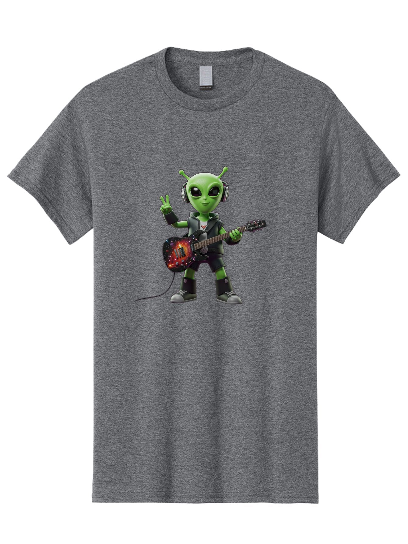 Alien-Guitarist Men'S Graphic Tee, 100% Cotton, Comfortable Casual Summer Wear, Machine Washable, Alien Playing Electric Guitar, Wearing Headphones, Peace Sign Hand Gesture, Galaxy Print Guitar, Rockstar Alien, Futuristic Music, Bab626