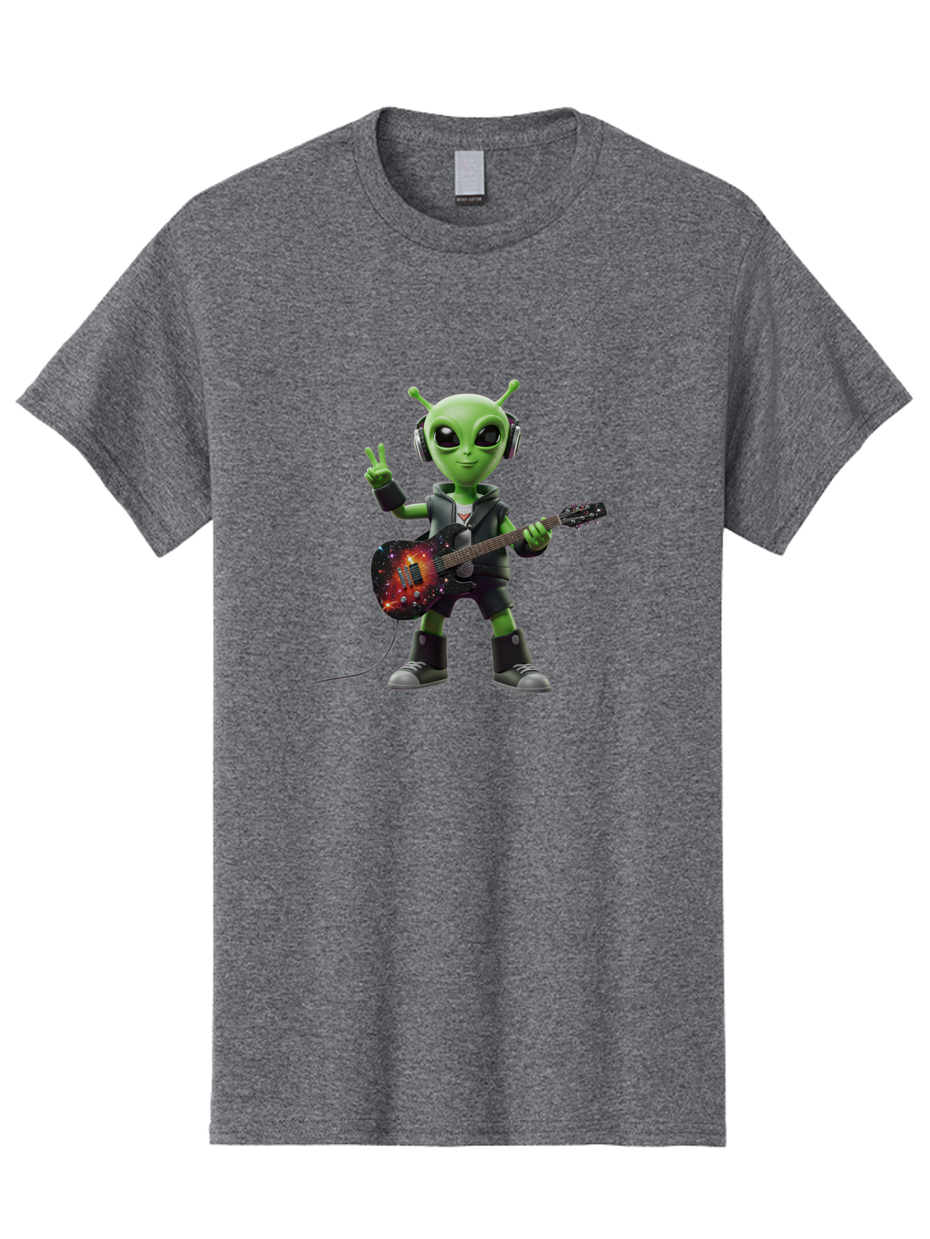 Alien-Guitarist Men'S Graphic Tee, 100% Cotton, Comfortable Casual Summer Wear, Machine Washable, Alien Playing Electric Guitar, Wearing Headphones, Peace Sign Hand Gesture, Galaxy Print Guitar, Rockstar Alien, Futuristic Music, Bab626 10