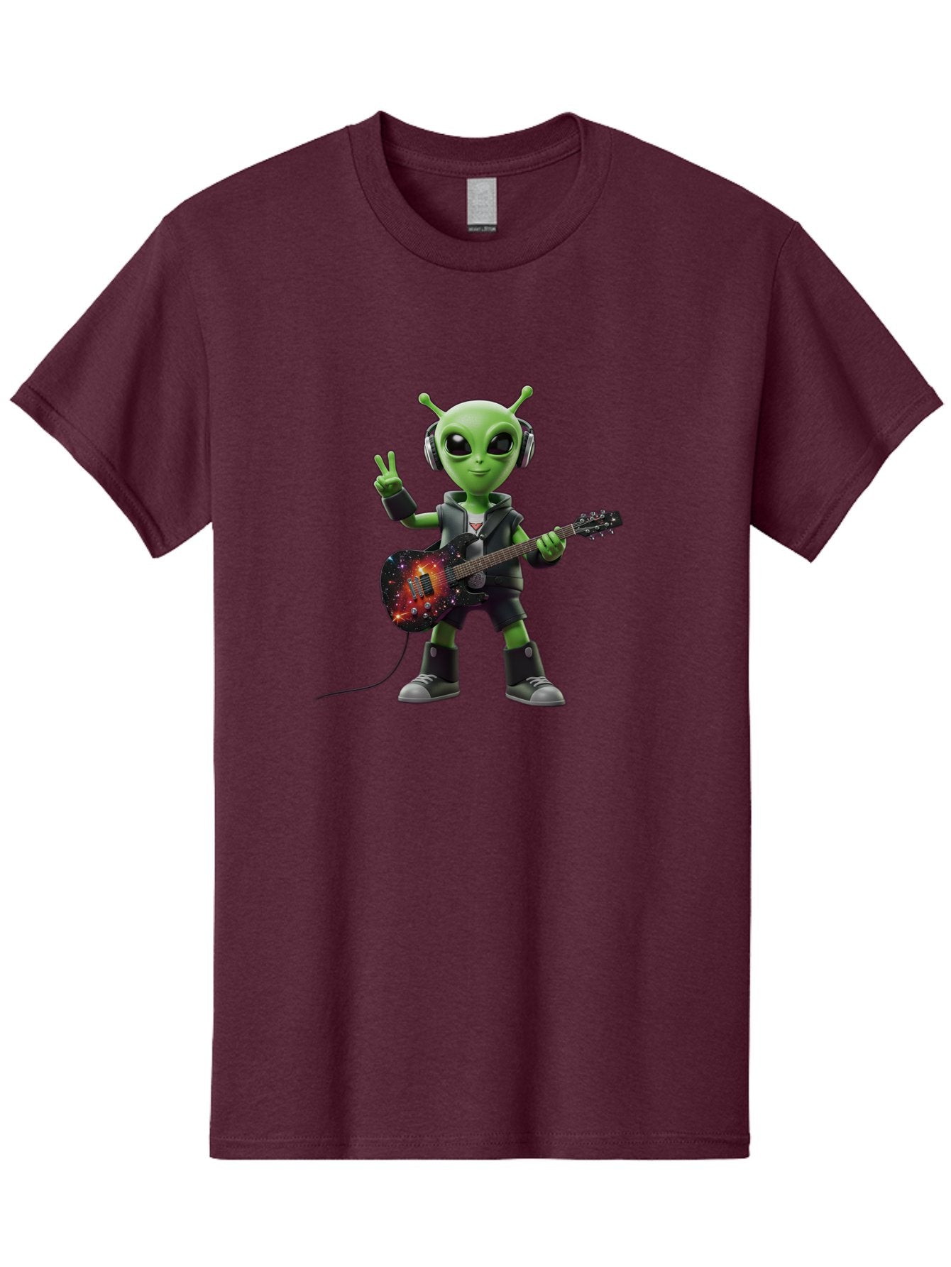 Alien-Guitarist Men'S Graphic Tee, 100% Cotton, Comfortable Casual Summer Wear, Machine Washable, Alien Playing Electric Guitar, Wearing Headphones, Peace Sign Hand Gesture, Galaxy Print Guitar, Rockstar Alien, Futuristic Music, Bab626 11