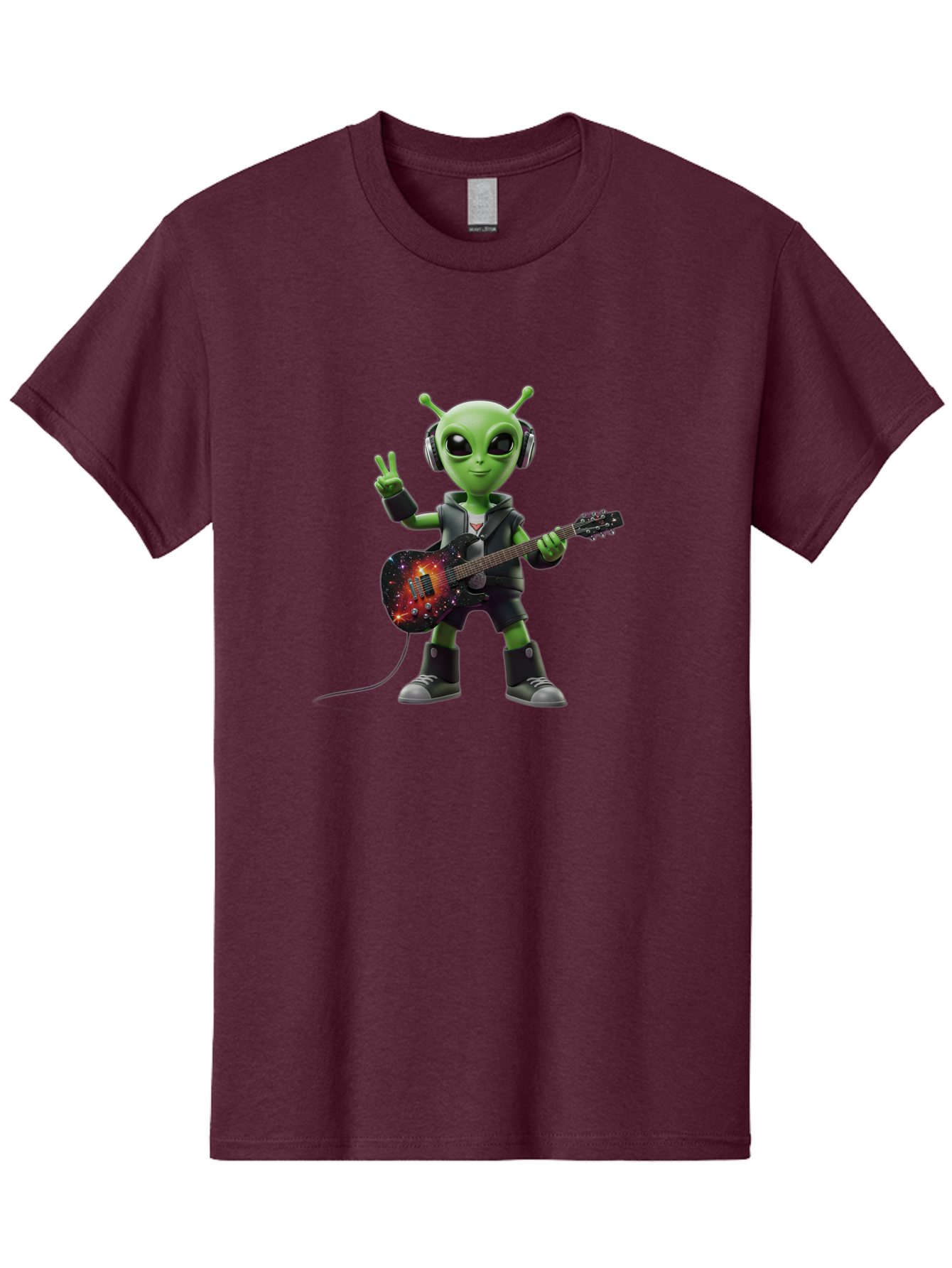 Alien-Guitarist Men'S Graphic Tee, 100% Cotton, Comfortable Casual Summer Wear, Machine Washable, Alien Playing Electric Guitar, Wearing Headphones, Peace Sign Hand Gesture, Galaxy Print Guitar, Rockstar Alien, Futuristic Music, Bab626 4