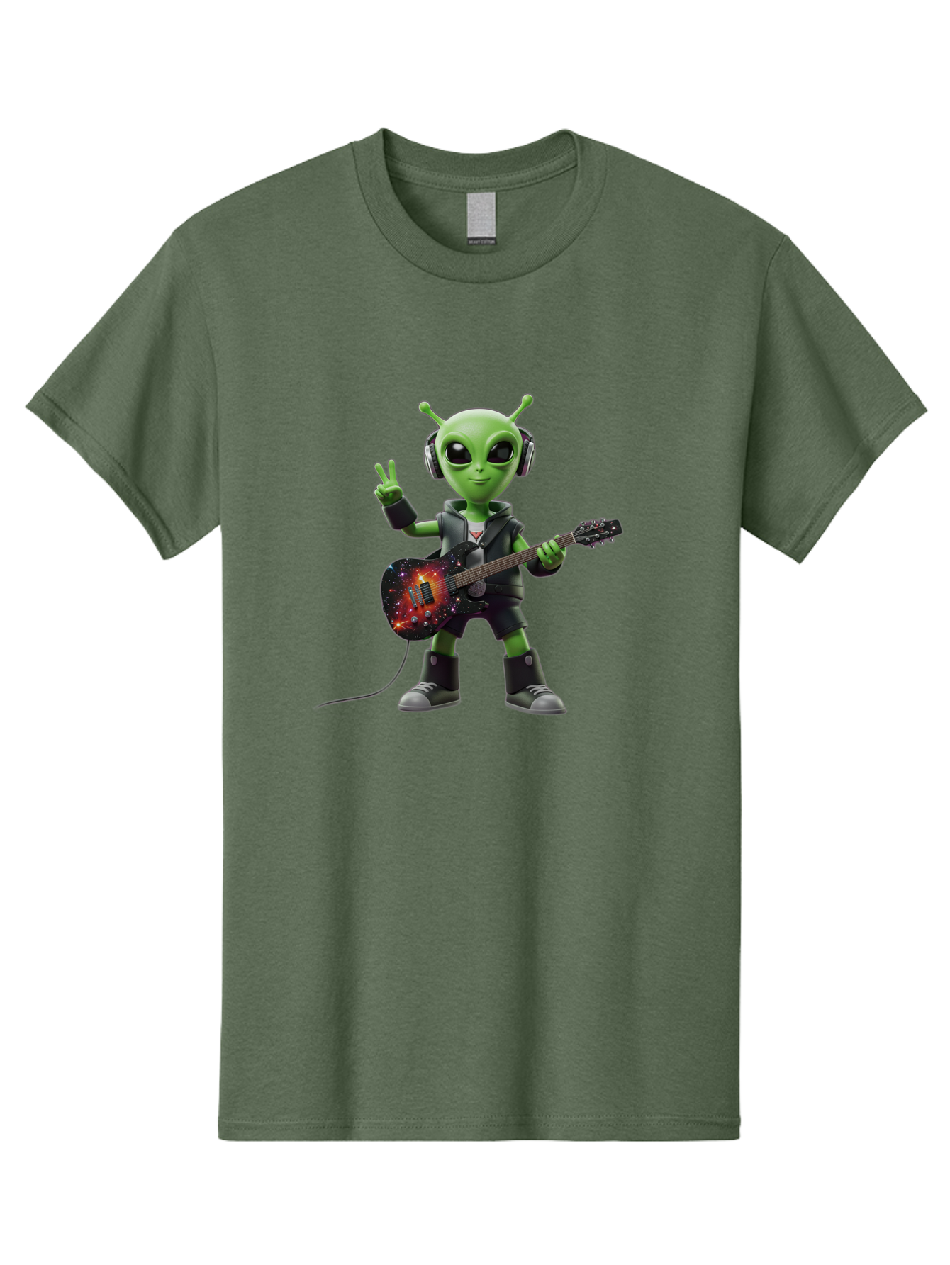 Alien-Guitarist Men'S Graphic Tee, 100% Cotton, Comfortable Casual Summer Wear, Machine Washable, Alien Playing Electric Guitar, Wearing Headphones, Peace Sign Hand Gesture, Galaxy Print Guitar, Rockstar Alien, Futuristic Music, Bab626