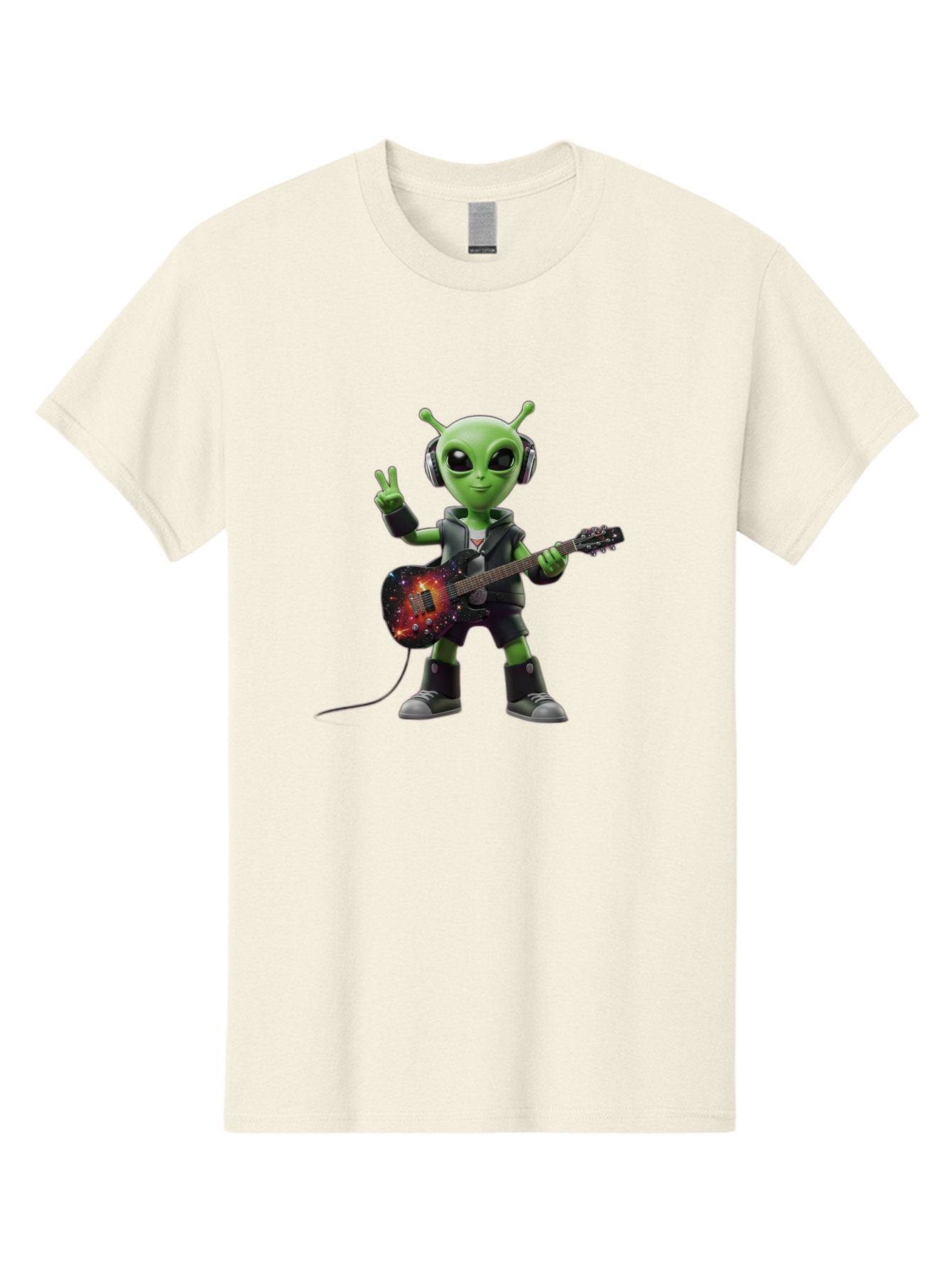 Alien-Guitarist Men'S Graphic Tee, 100% Cotton, Comfortable Casual Summer Wear, Machine Washable, Alien Playing Electric Guitar, Wearing Headphones, Peace Sign Hand Gesture, Galaxy Print Guitar, Rockstar Alien, Futuristic Music, Bab626 7