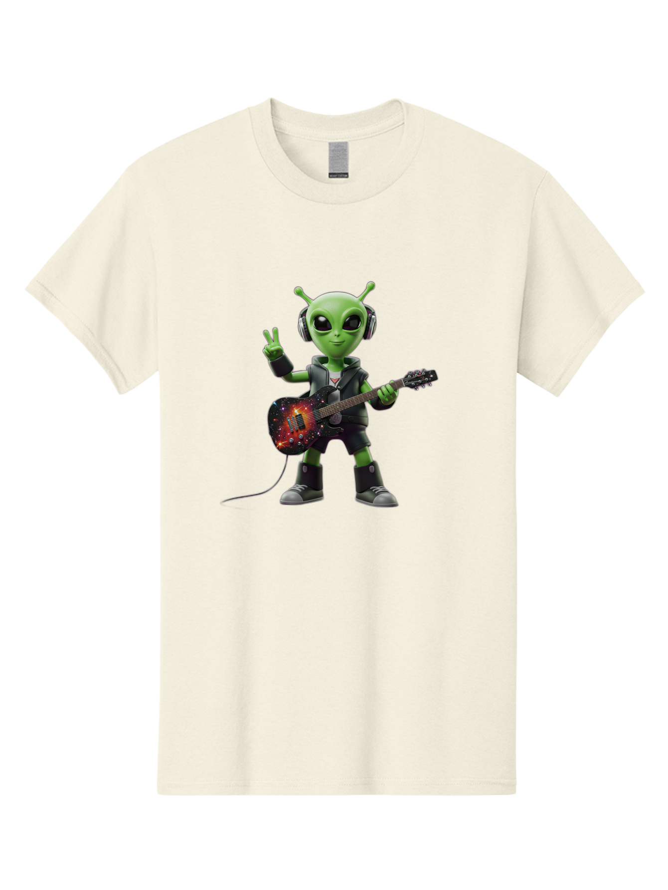 Alien-Guitarist Men'S Graphic Tee, 100% Cotton, Comfortable Casual Summer Wear, Machine Washable, Alien Playing Electric Guitar, Wearing Headphones, Peace Sign Hand Gesture, Galaxy Print Guitar, Rockstar Alien, Futuristic Music, Bab626 13