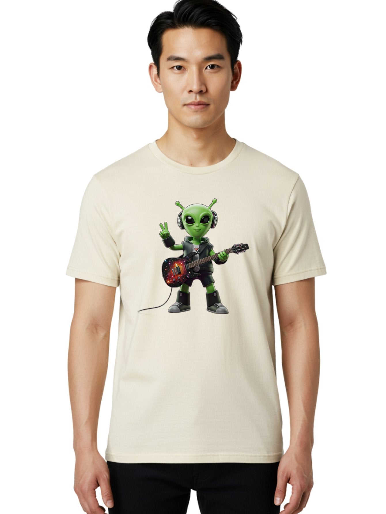 Alien-Guitarist Men'S Graphic Tee, 100% Cotton, Comfortable Casual Summer Wear, Machine Washable, Alien Playing Electric Guitar, Wearing Headphones, Peace Sign Hand Gesture, Galaxy Print Guitar, Rockstar Alien, Futuristic Music, Bab626 16