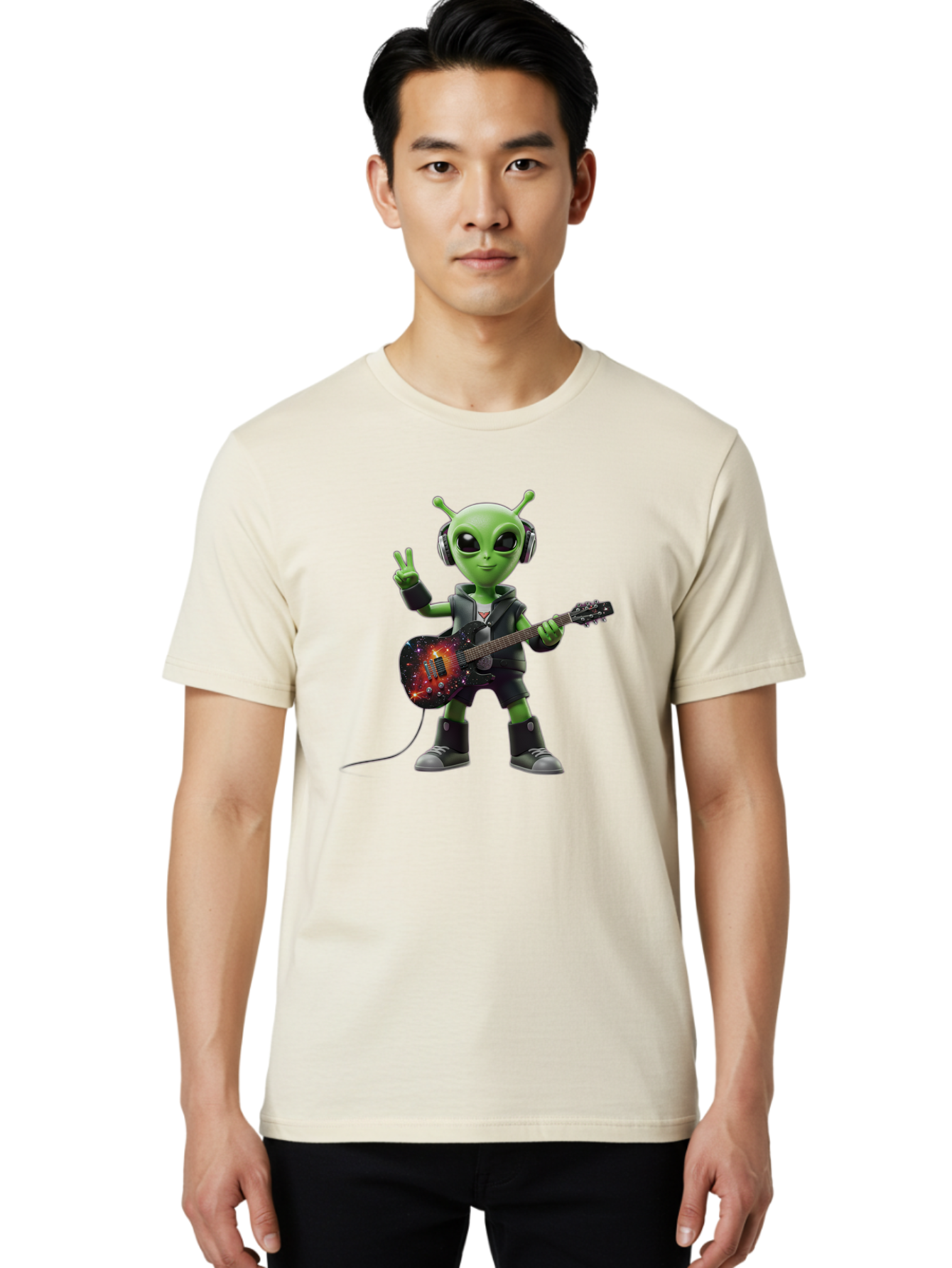Alien-Guitarist Men'S Graphic Tee, 100% Cotton, Comfortable Casual Summer Wear, Machine Washable, Alien Playing Electric Guitar, Wearing Headphones, Peace Sign Hand Gesture, Galaxy Print Guitar, Rockstar Alien, Futuristic Music, Bab626 28