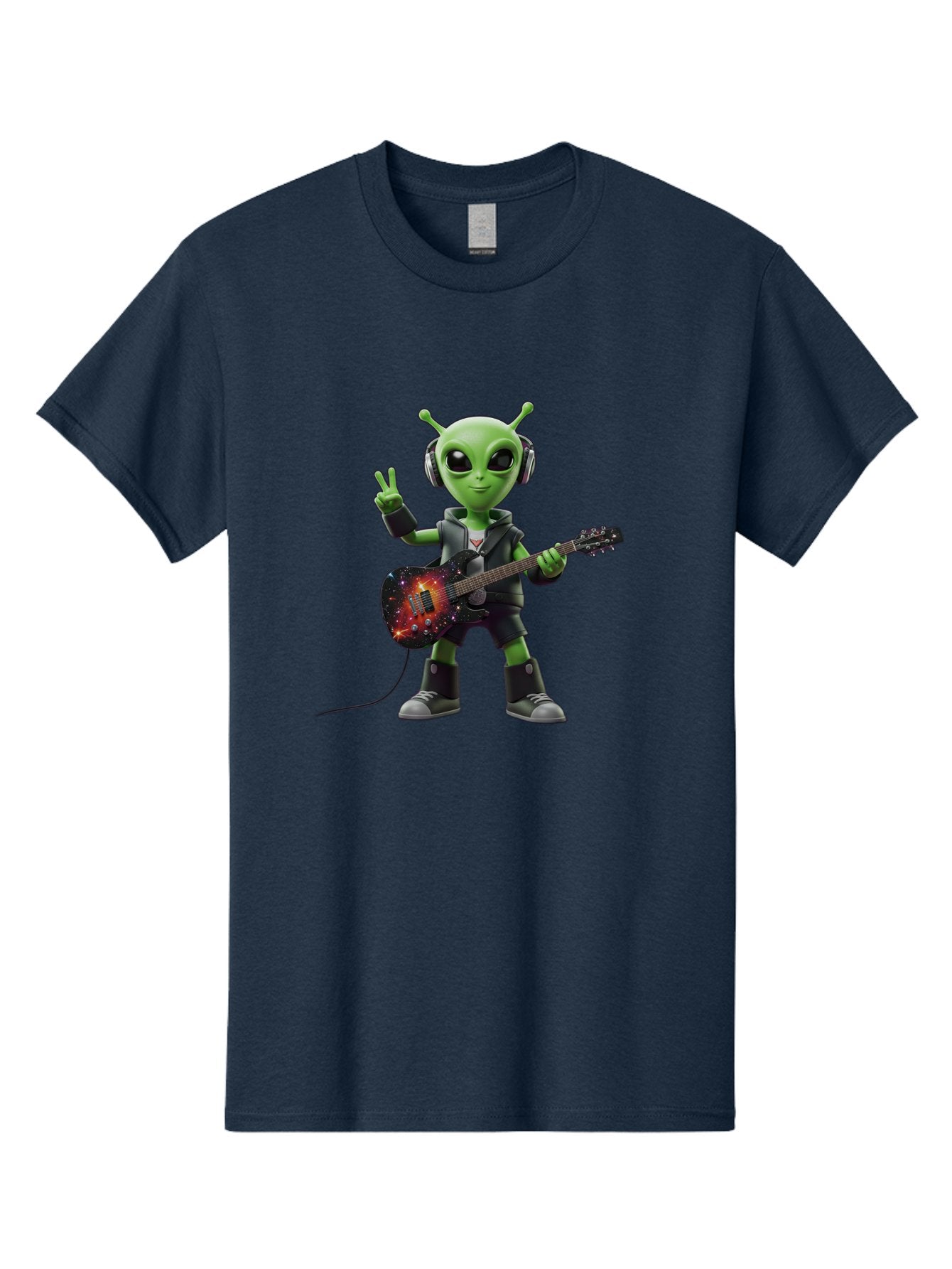 Alien-Guitarist Men'S Graphic Tee, 100% Cotton, Comfortable Casual Summer Wear, Machine Washable, Alien Playing Electric Guitar, Wearing Headphones, Peace Sign Hand Gesture, Galaxy Print Guitar, Rockstar Alien, Futuristic Music, Bab626 4