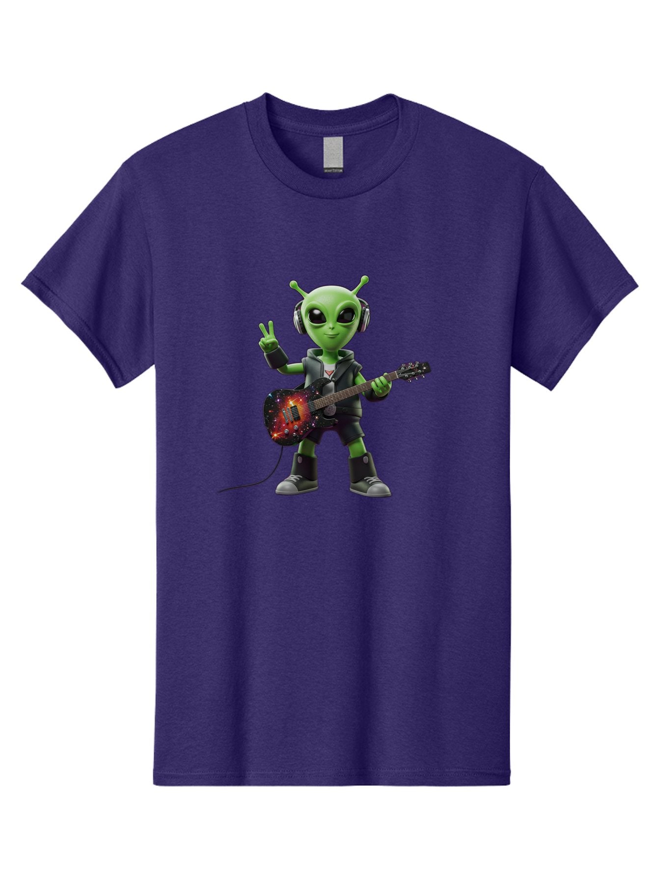 Alien-Guitarist Men'S Graphic Tee, 100% Cotton, Comfortable Casual Summer Wear, Machine Washable, Alien Playing Electric Guitar, Wearing Headphones, Peace Sign Hand Gesture, Galaxy Print Guitar, Rockstar Alien, Futuristic Music, Bab626 12