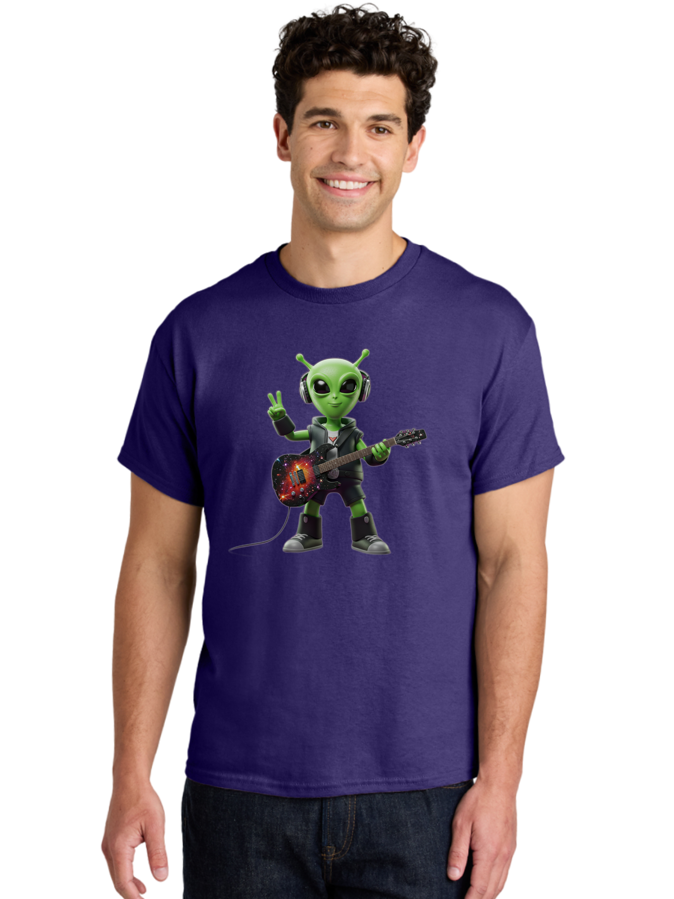 Alien-Guitarist Men'S Graphic Tee, 100% Cotton, Comfortable Casual Summer Wear, Machine Washable, Alien Playing Electric Guitar, Wearing Headphones, Peace Sign Hand Gesture, Galaxy Print Guitar, Rockstar Alien, Futuristic Music, Bab626 18