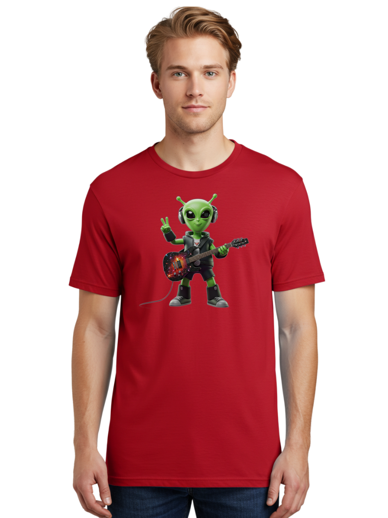 Alien-Guitarist Men'S Graphic Tee, 100% Cotton, Comfortable Casual Summer Wear, Machine Washable, Alien Playing Electric Guitar, Wearing Headphones, Peace Sign Hand Gesture, Galaxy Print Guitar, Rockstar Alien, Futuristic Music, Bab626 30