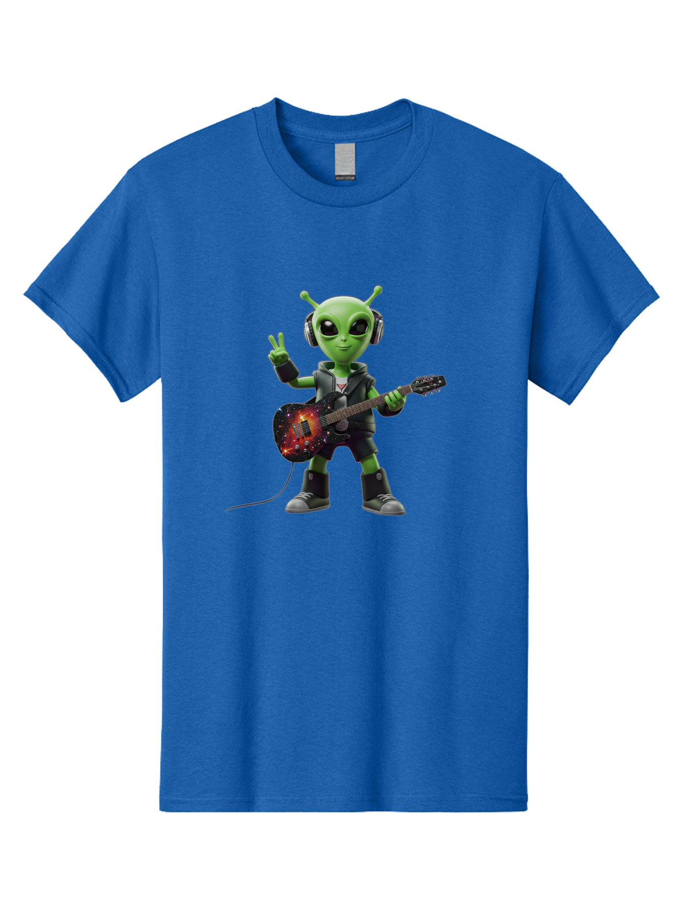 Alien-Guitarist Men'S Graphic Tee, 100% Cotton, Comfortable Casual Summer Wear, Machine Washable, Alien Playing Electric Guitar, Wearing Headphones, Peace Sign Hand Gesture, Galaxy Print Guitar, Rockstar Alien, Futuristic Music, Bab626 14